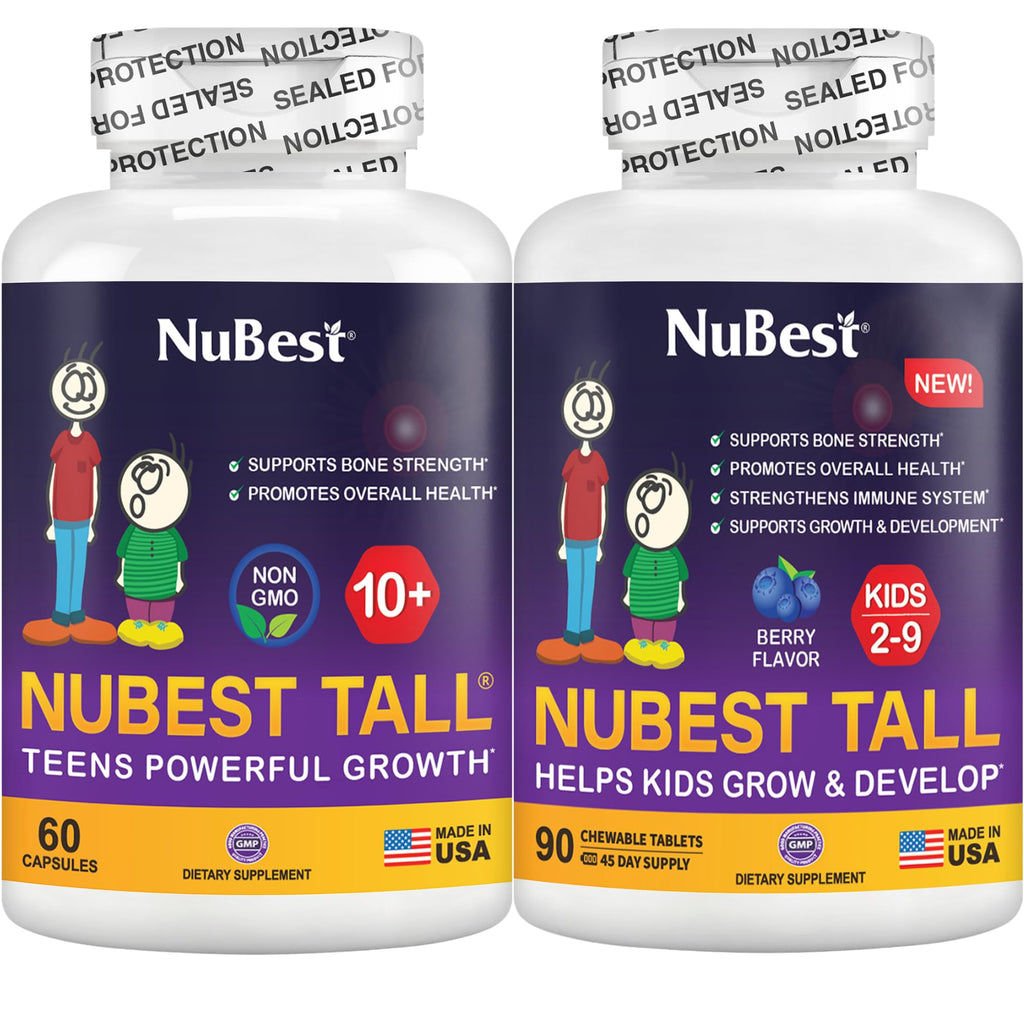 NuBest Bundle Tall 10+ 60 Capsules Tall Kids 90 Chewable Tablets | Height Growth Support for Kids & Teens | Calcium, Vitamins D3 K2, Collagen & Herbal Blend