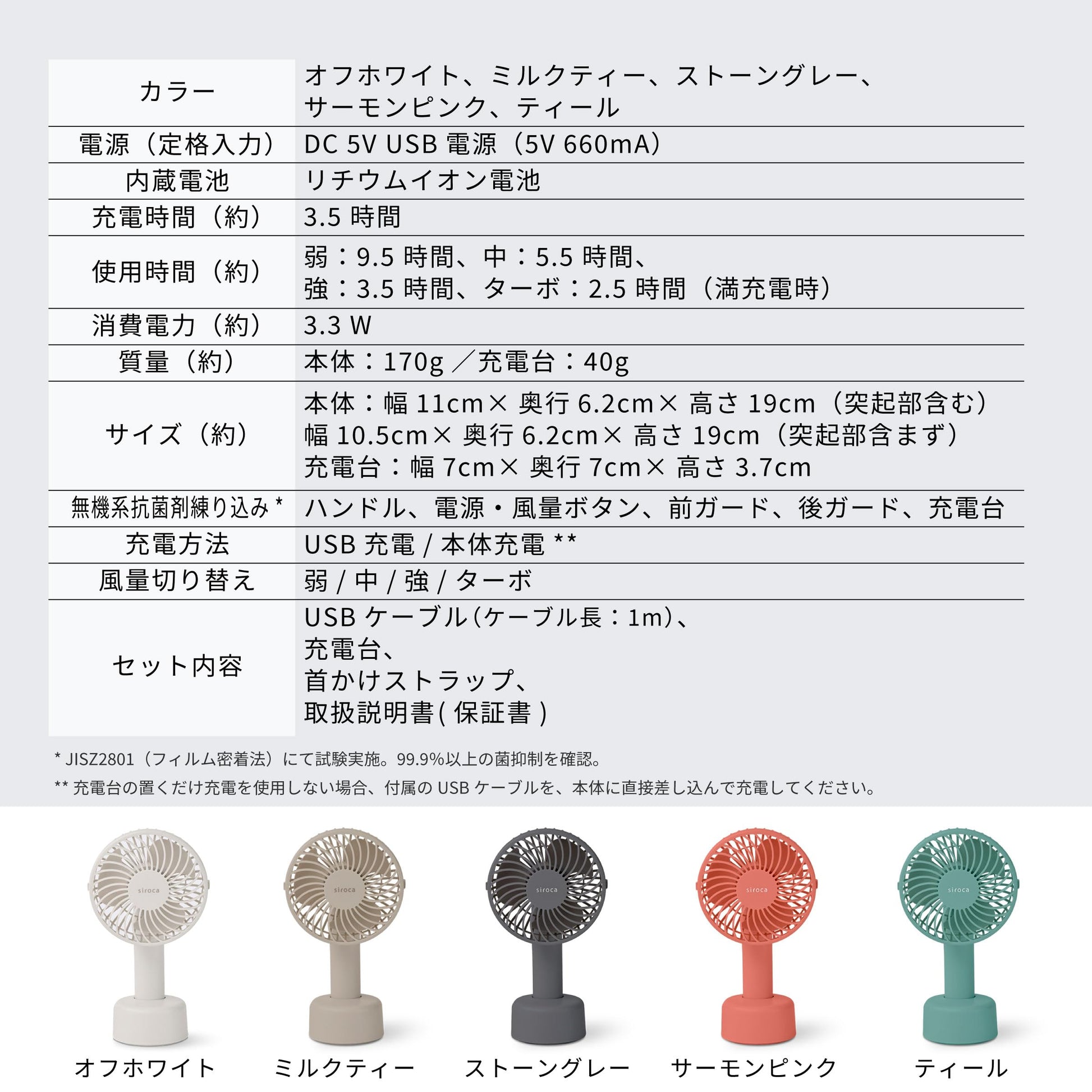 Siroka Handy Fan, 2025 Model, 3-Way Handy, Neck Strap, Tabletop, 4 Levels of Air Flow Adjustment, USB Type-C Compatible, Portable, Lightweight, Compact, Rechargeable, Antibacterial Specifications