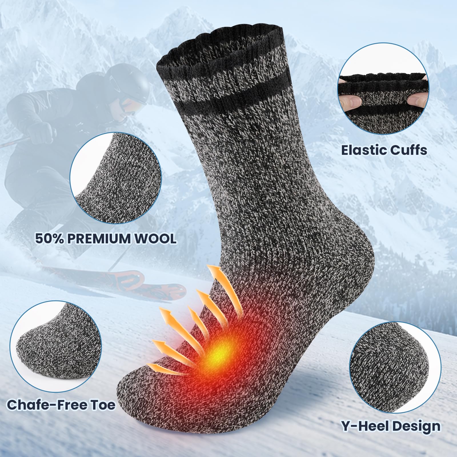 Niorasen Wool Socks for Men, Thick Warm Thermal Socks, Full Terry, 3 pairs