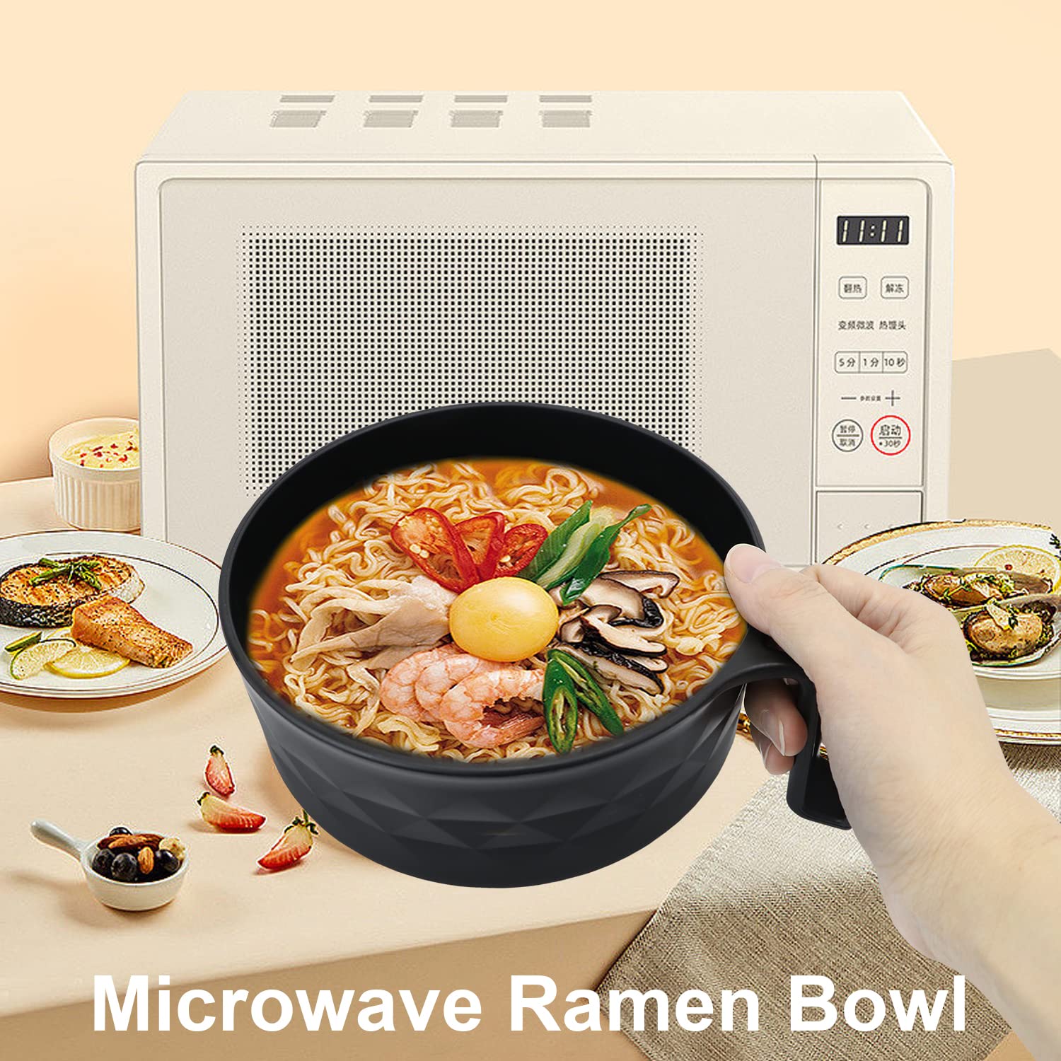 Anyfeel Microwave Ramen Bowl 6-piece Set Ramen Bowl Set Ramen Cooker with Phone Holder Dishwasher Safe for College Dorm Room Office Instant Cooking (black)
