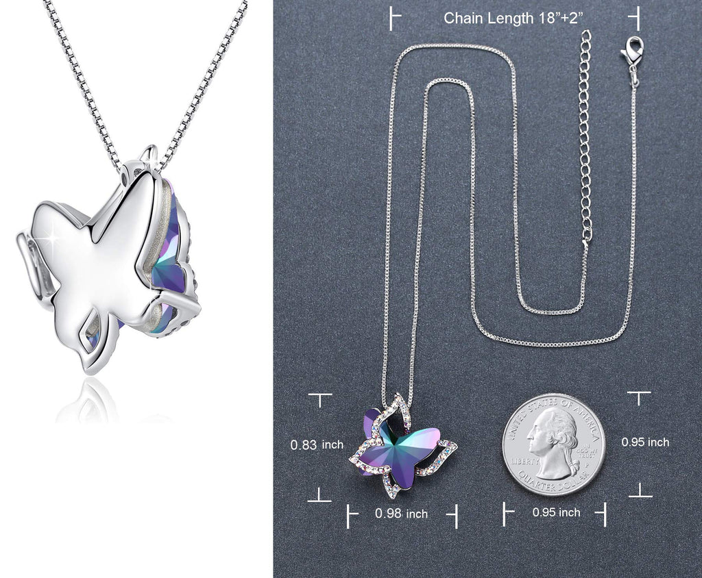 GEMMANCE Gift Butterfly Crystal Necklace with Rainbow Fluorite Purple Healing Stone for Calming Mind, Silver, Tone, 18”+2” Chain