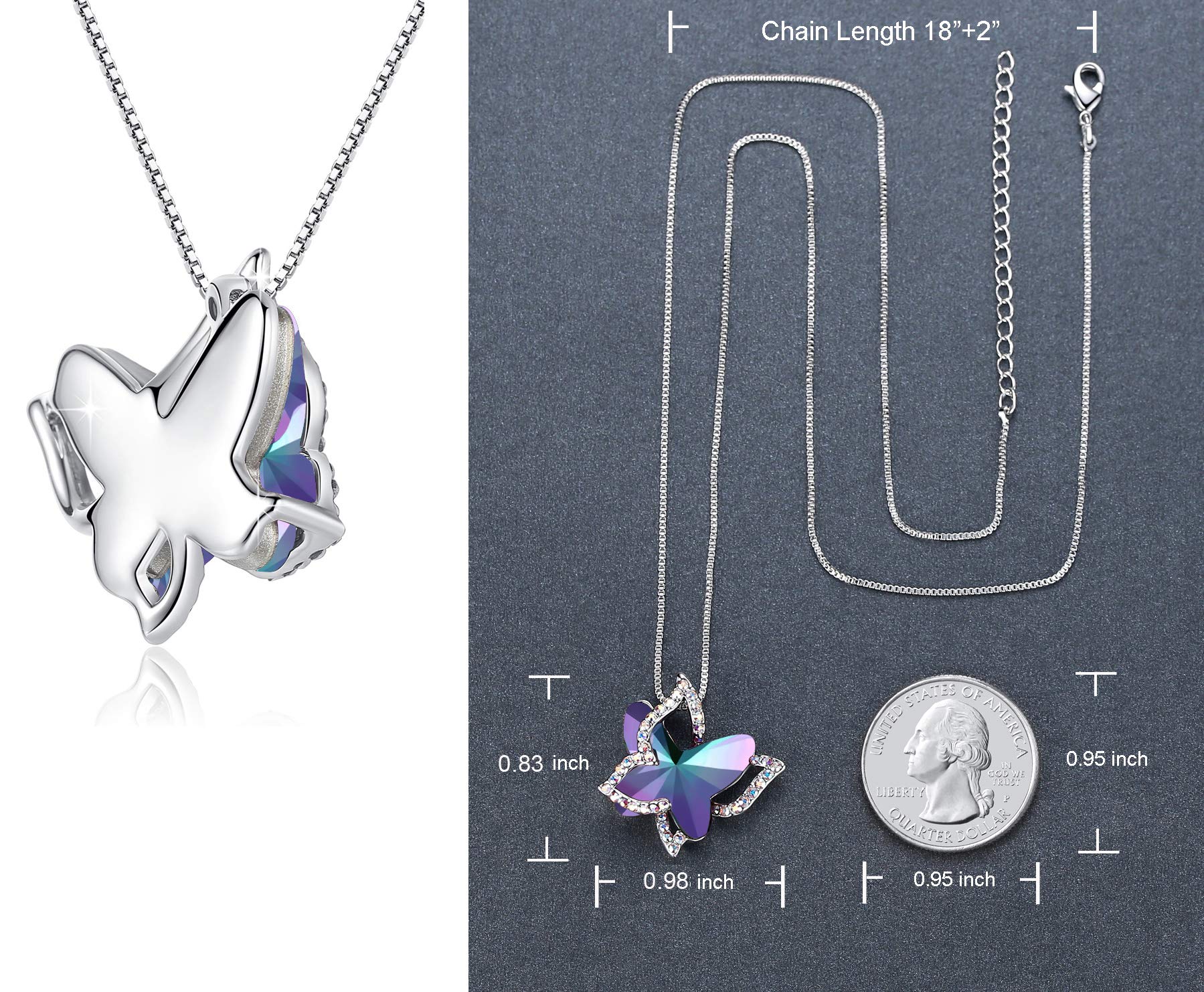 GEMMANCE Gift Butterfly Crystal Necklace with Rainbow Fluorite Purple Healing Stone for Calming Mind, Silver, Tone, 18”+2” Chain