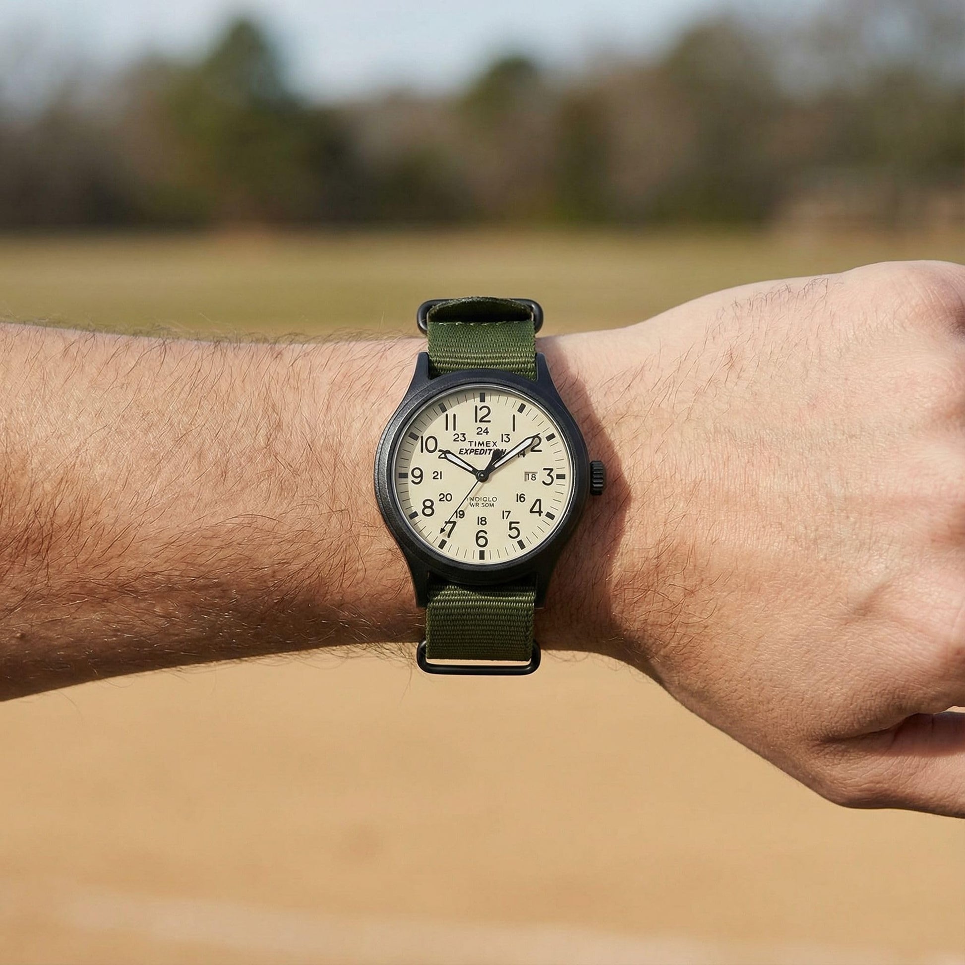 Timex Men's Expedition Scout 40mm Watch – Black Case Cream Dial with Green Fabric Strap
