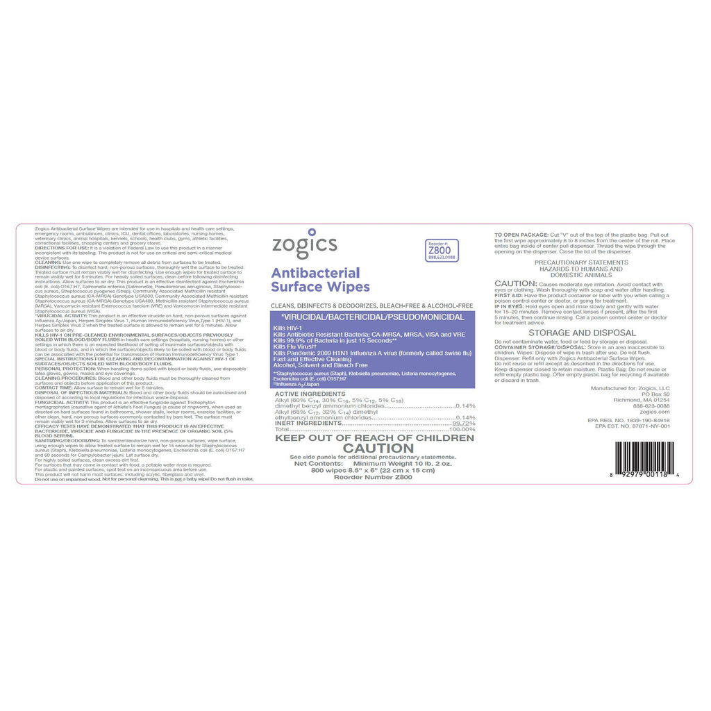 Zogics Antibacterial Disinfecting Wipes, 800 Count Roll