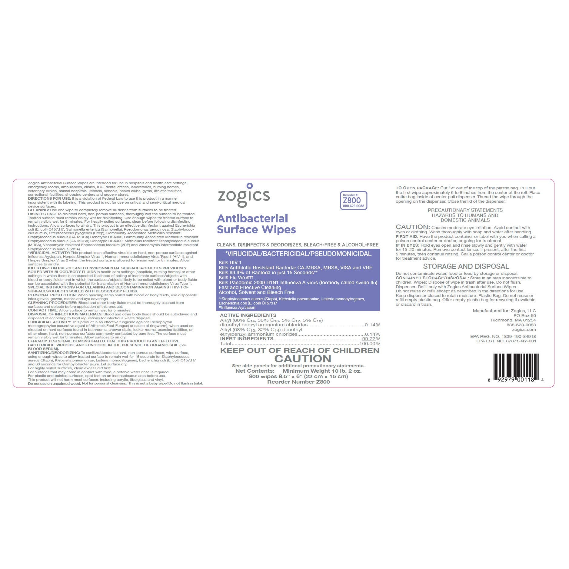 Zogics Antibacterial Disinfecting Wipes, 800 Count Roll