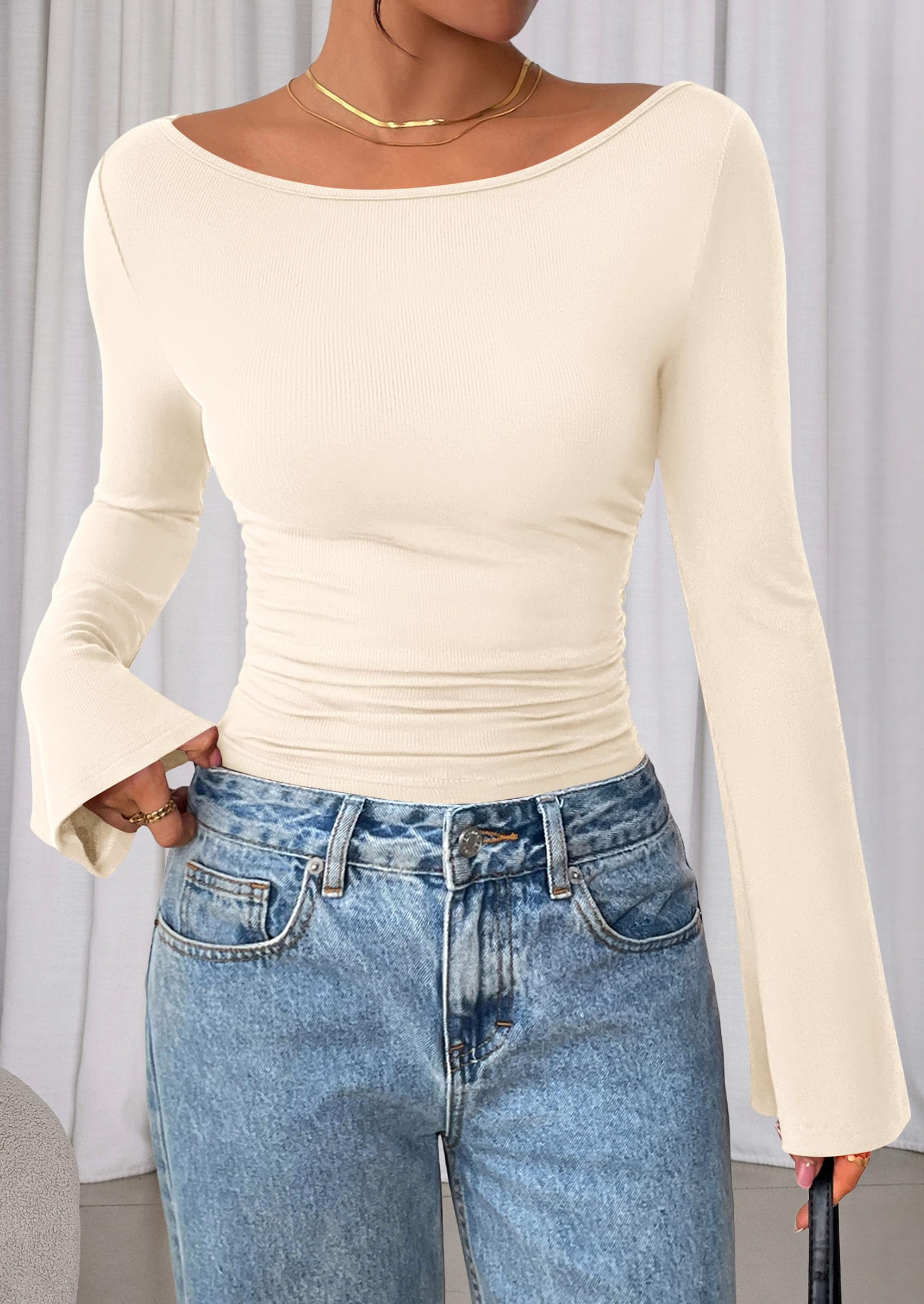 PRETTYGARDEN Womens Bell Long Sleeve Ribbed Knit Tops,Beige,M