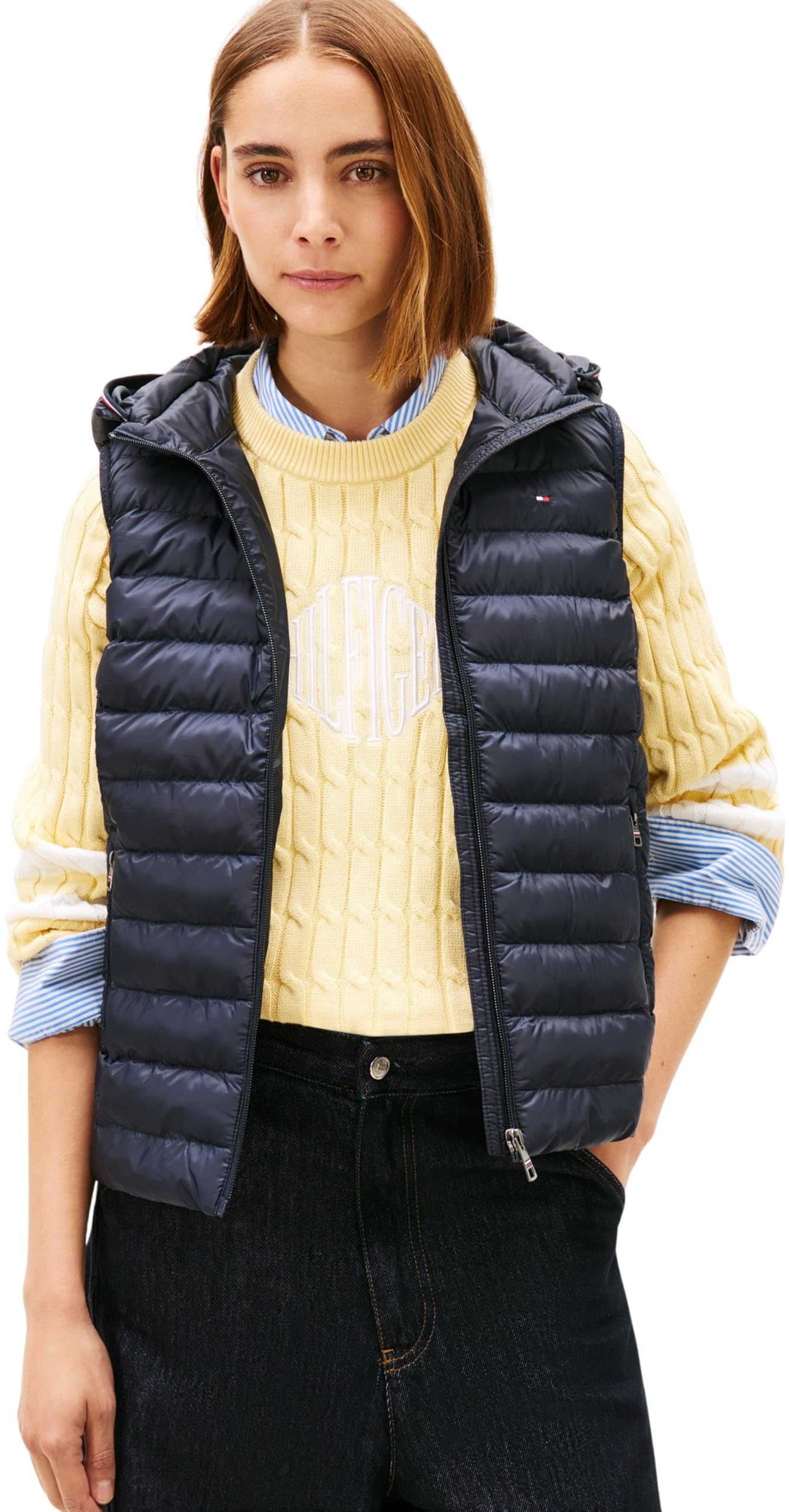 Tommy Hilfiger Chaleco Mujer Padded Global Stripe Vest con capucha, Azul (Desert Sky), XXL