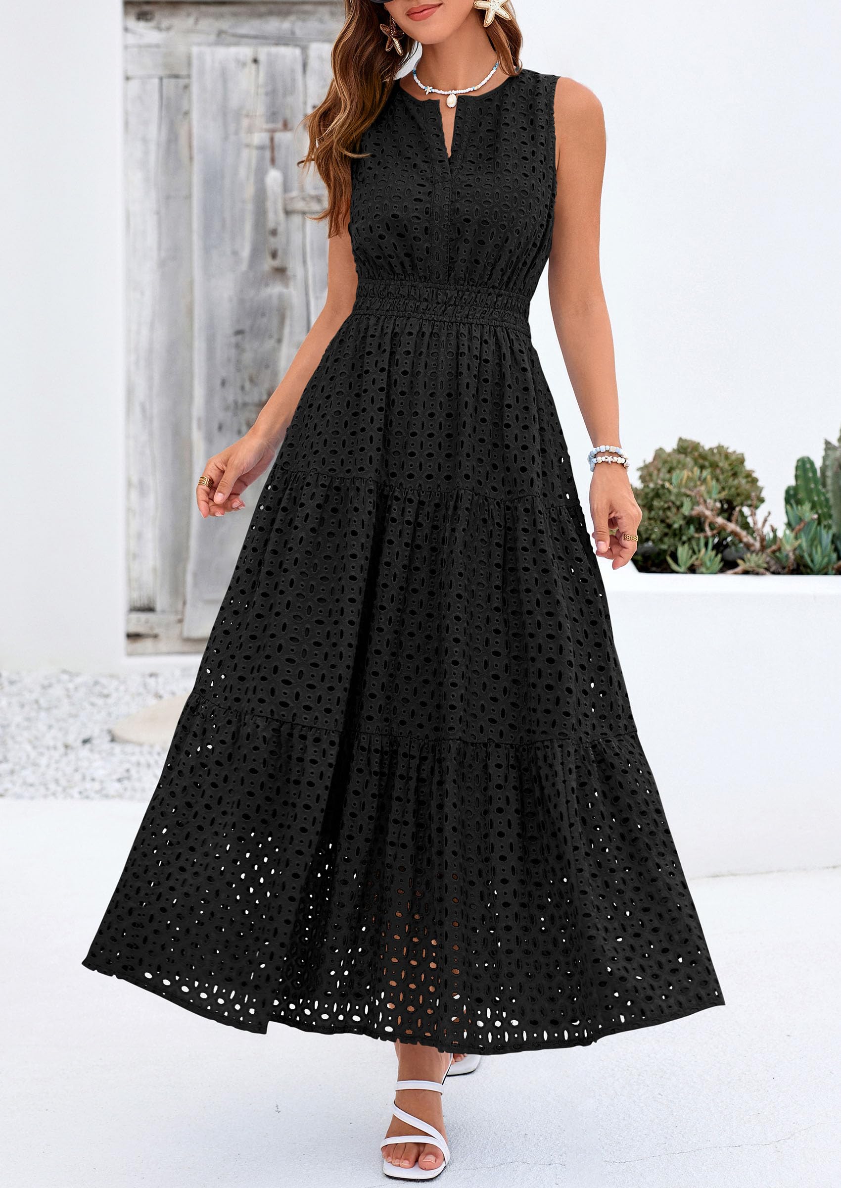 PRETTYGARDEN Womens 2026 Summer Maxi Dresses Sleeveless Sundresses V Neck Eyelet A Line Long Flowy Spring Wedding Guest Dress (Black,Large)