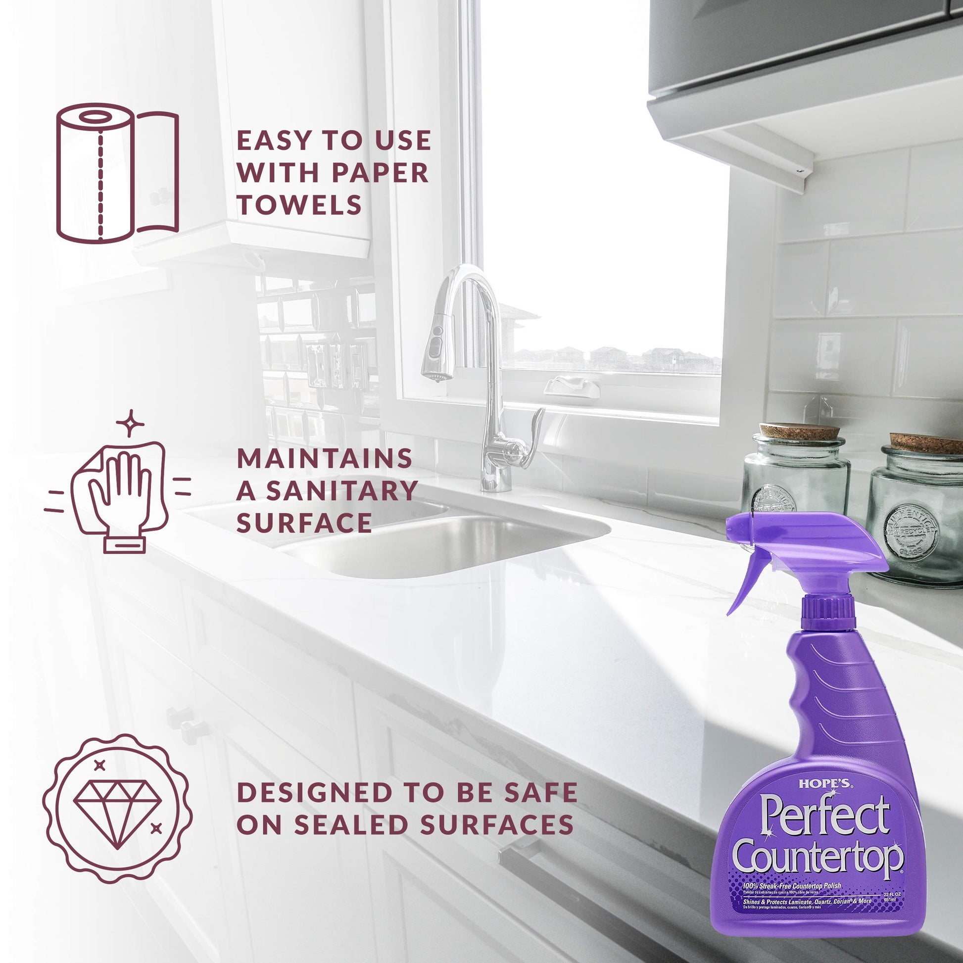 HOPE'S Perfect Countertop Cleaner and Polish 22-Ounce, Streak-Free Multi-Surface Cleaning Spray, Safe on Stone, Laminate, CORIAN, Granite, Quartz, Marble, Pack of 6
