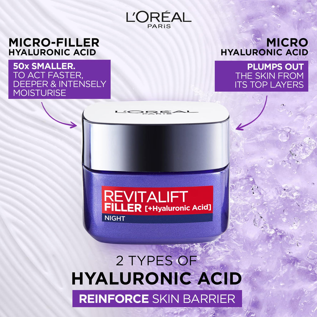 L’Oréal Paris Revitalift Filler Replumping Anti-Ageing Night Cream, Smooth Wrinkles, Moisturise, and Replumps Skin with Micro and Micro-Epidermic Hyaluronic Acid, 50ml