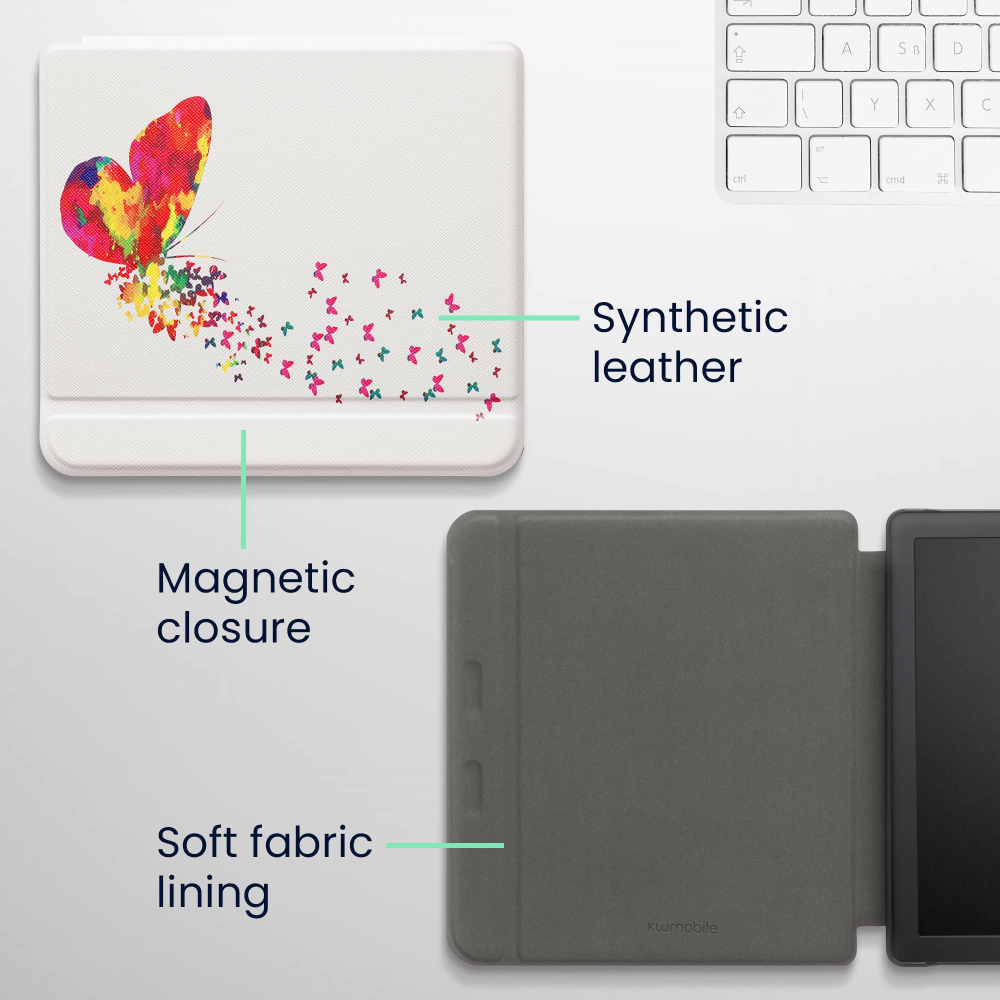 kwmobile Carcasa Compatible con Kobo Libra 2 Funda - Funda con Tapa y Cierre magnético de Cuero sintético - Degradado Mariposas