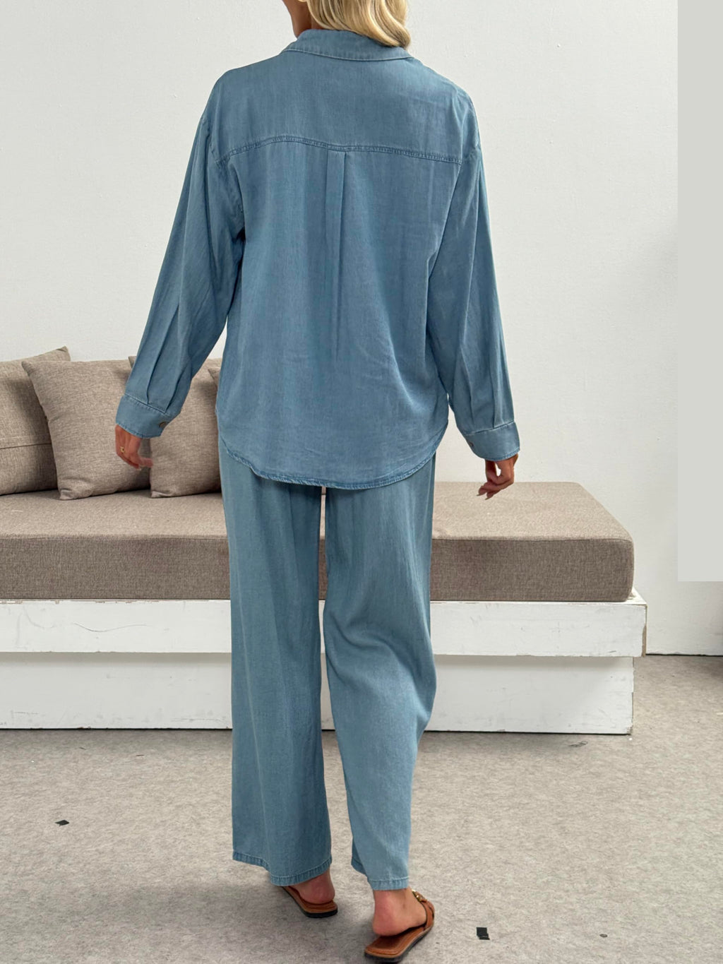 Fakanhui Damen-Denim-Jeans, 2-teiliges Outfit, leicht, langärmelig, Button-Down-T-Shirt, Bluse, Top, Sommer, lässige Hose, Hell, blau, L