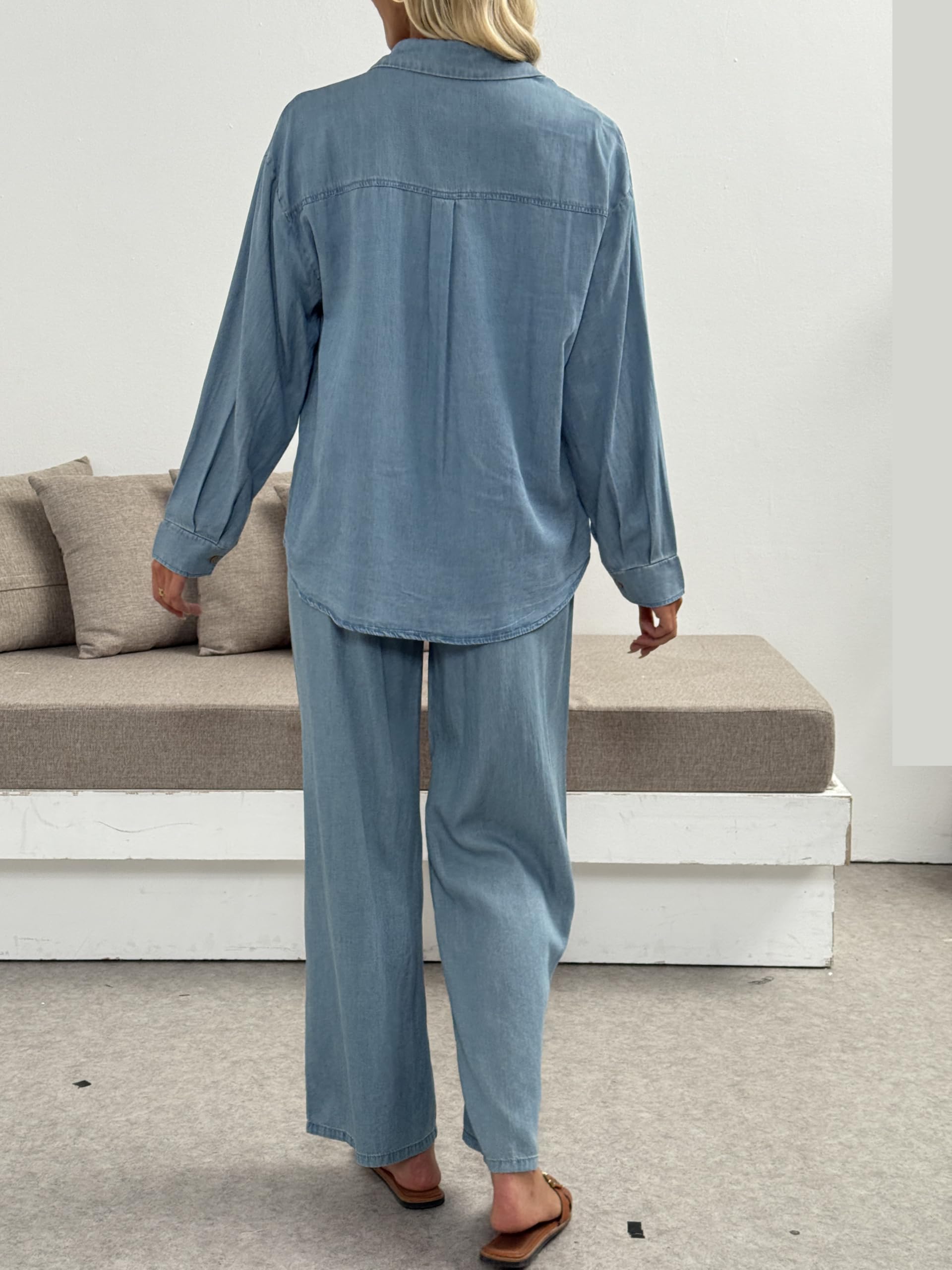 Fakanhui Damen-Denim-Jeans, 2-teiliges Outfit, leicht, langärmelig, Button-Down-T-Shirt, Bluse, Top, Sommer, lässige Hose, Hell, blau, L