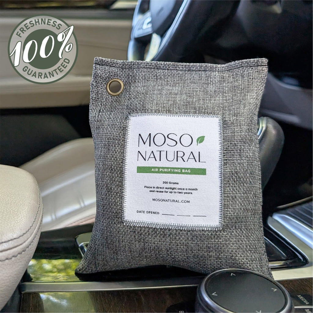 Moso Natural Hava Temizleme Torbası 200 g (4 Paket) Arabalar, Dolaplar, Banyo, Evcil Hayvan Alanları için Kokusuz Koku Giderici. Premium Moso Bambu Kömür Koku Emici (Kömür Grisi)