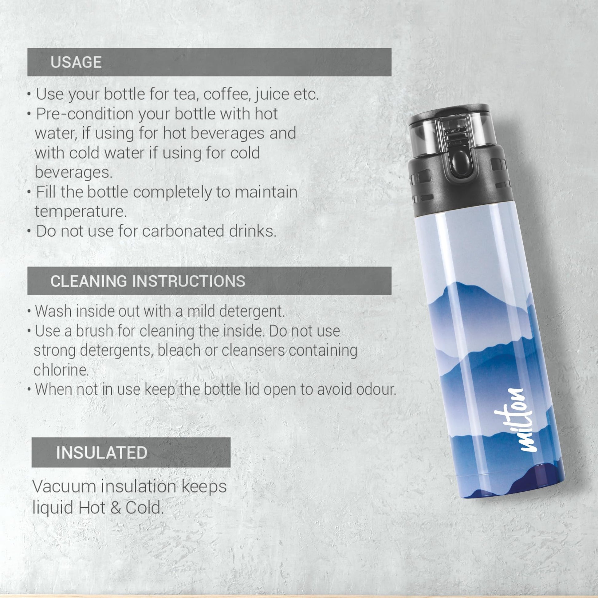 Milton Artesia 900 Thermosteel Insulated Water Bottle, 750 ml, Blue | Hot and Cold | Leak Proof | Office Bottle | Sports | Home | Kitchen | Hiking | Treking | Travel | Easy to Carry | Rust Proof