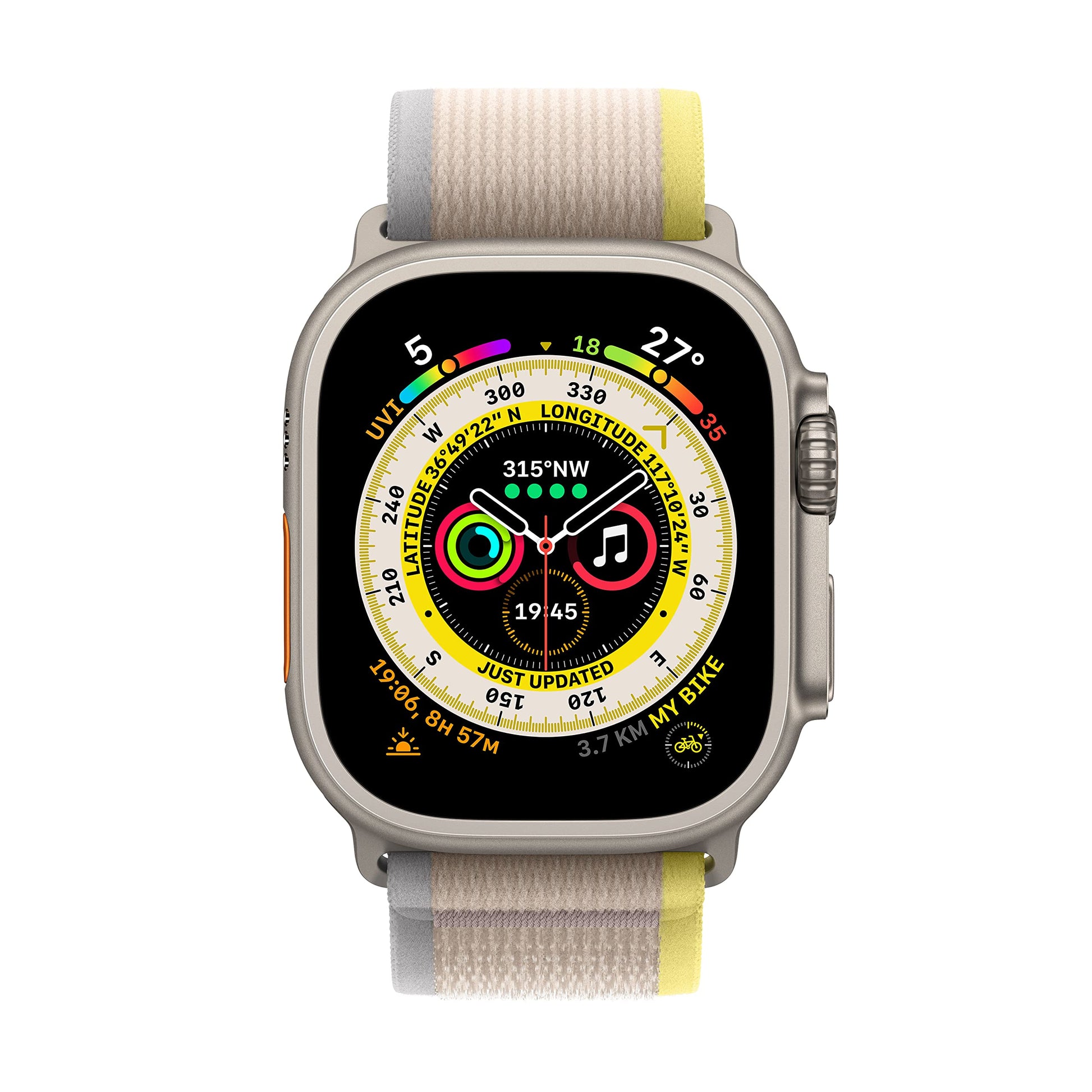 Apple Watch Ultra (GPS + Cellular, Cassa 49mm) Smartwatch con robusta cassa in titanio e Trail Loop giallo/beige - S/M. Fitness tracker, GPS di precisione, tasto Azione, batteria a lunghissima durata