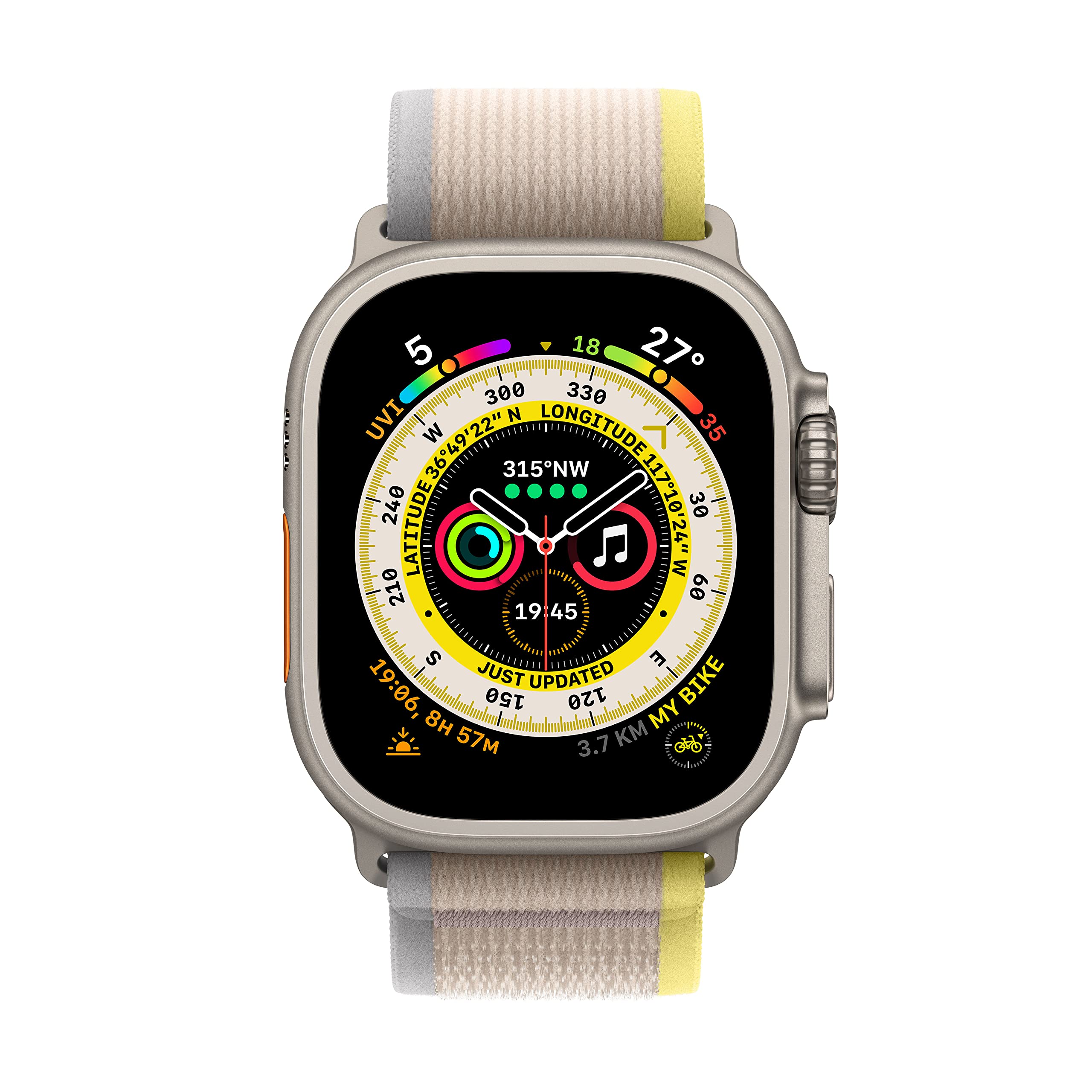 Apple Watch Ultra (GPS + Cellular, Cassa 49mm) Smartwatch con robusta cassa in titanio e Trail Loop giallo/beige - S/M. Fitness tracker, GPS di precisione, tasto Azione, batteria a lunghissima durata