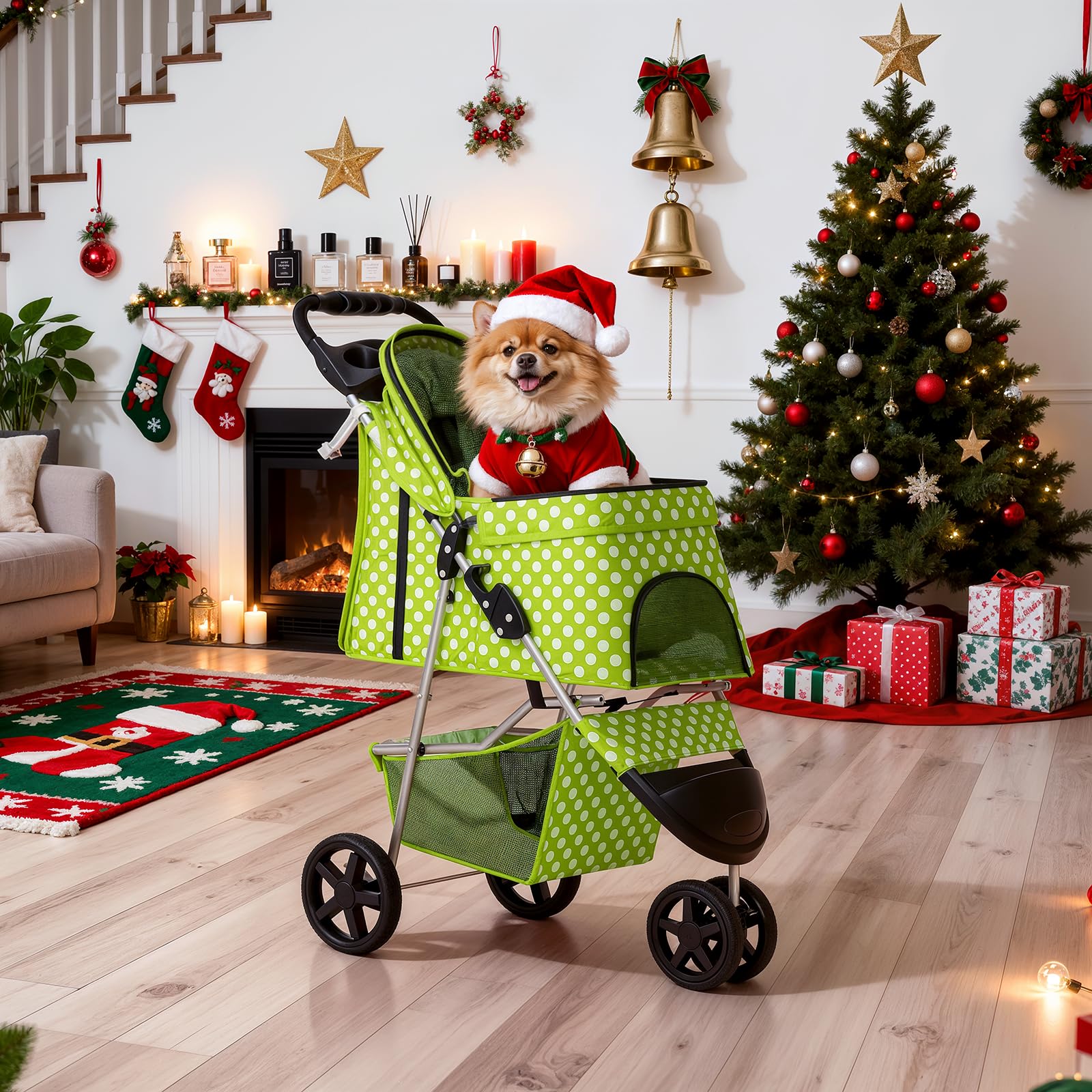 MoNiBloom 3 Wheels Pet Dog Cat Stroller for Small Medium Dogs Cats, Foldable Jogger Stroller w/Storage Basket and Cup Holder, Lawn Green Polka Dots