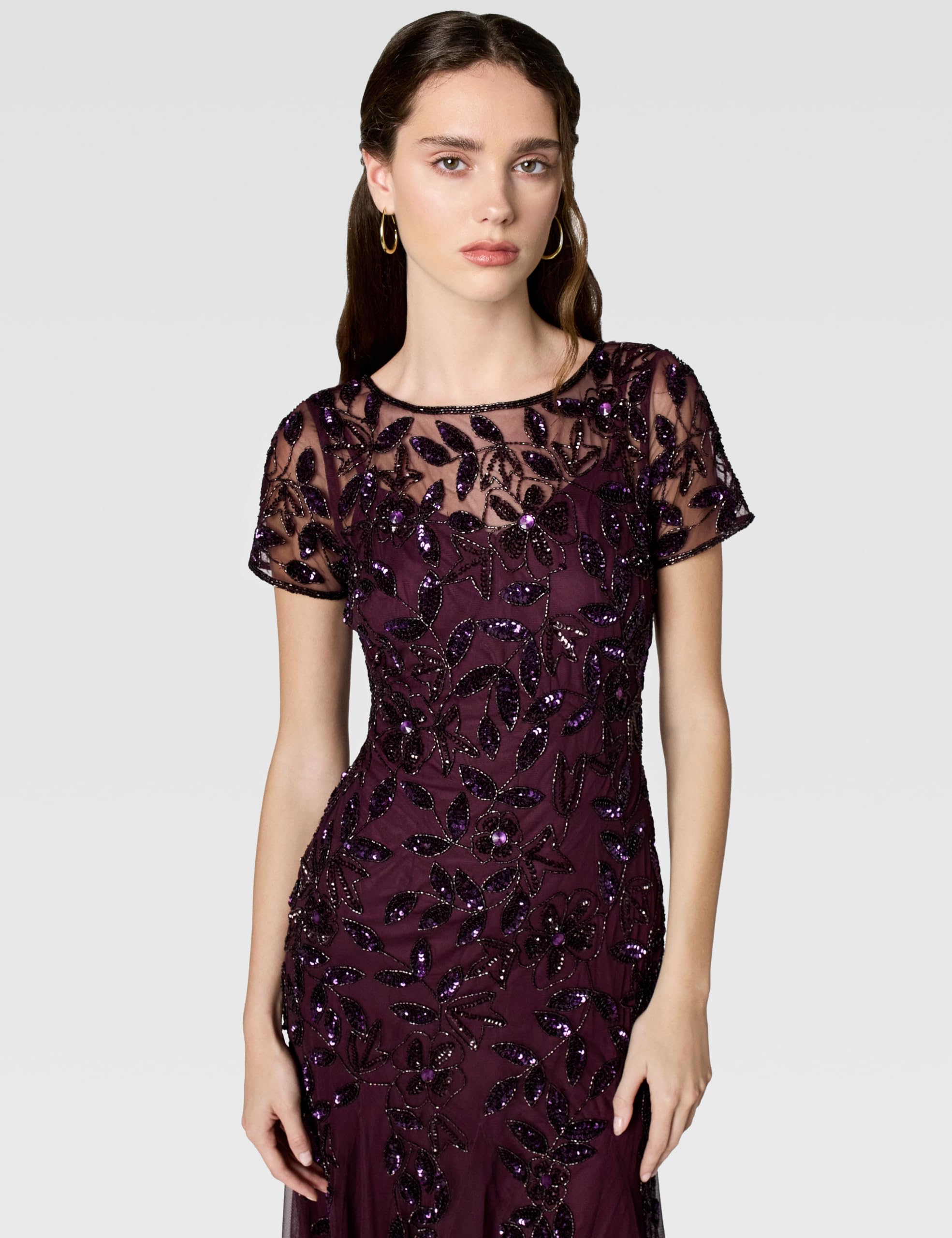 Adrianna Papell Short-Sleeve Floral Beaded Godet Gown Vestido, Ciruela Nocturna, 46 Mujeres