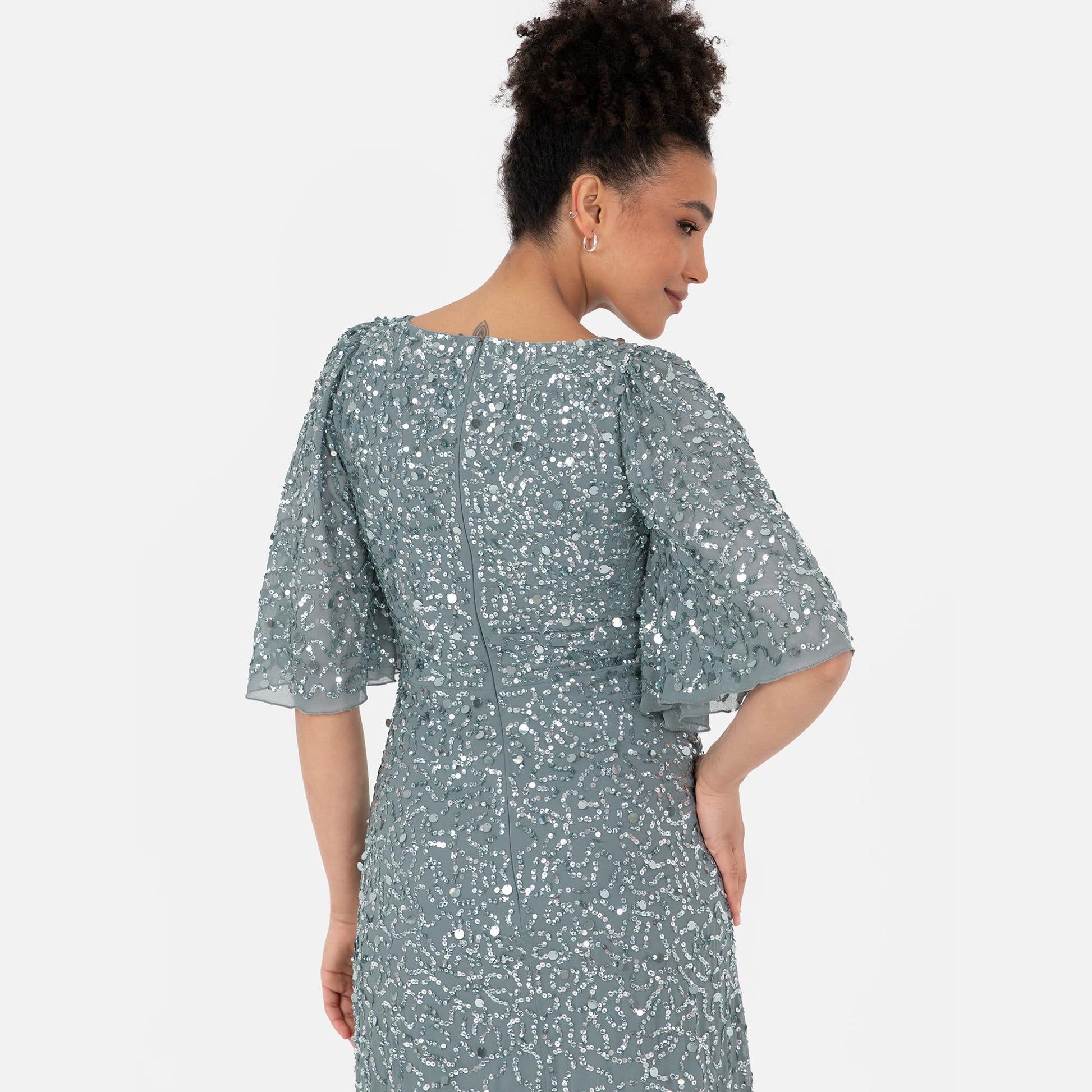 Maya Deluxe Women's Ladies Maxi Dress V-Neck Short Angel Sleeve Sequin Embellished A-Line Bridesmaid Wedding Guest Prom Ball Gown Vestido, Misty Green, 36 De Las Mujeres