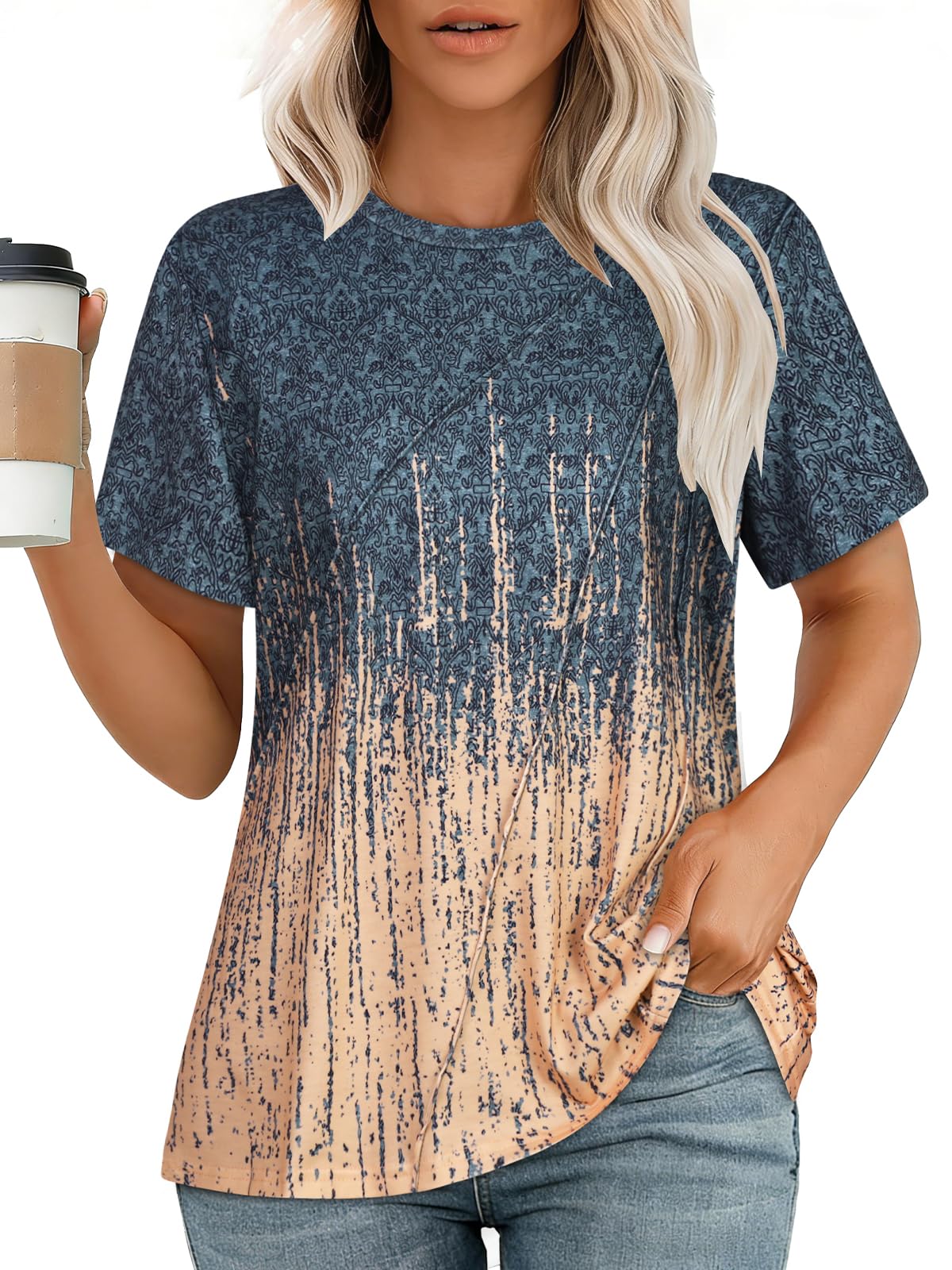 Womens T Shirts Summer Tops Ladies Casual Basic Tees, Ombre Grey Coral,L