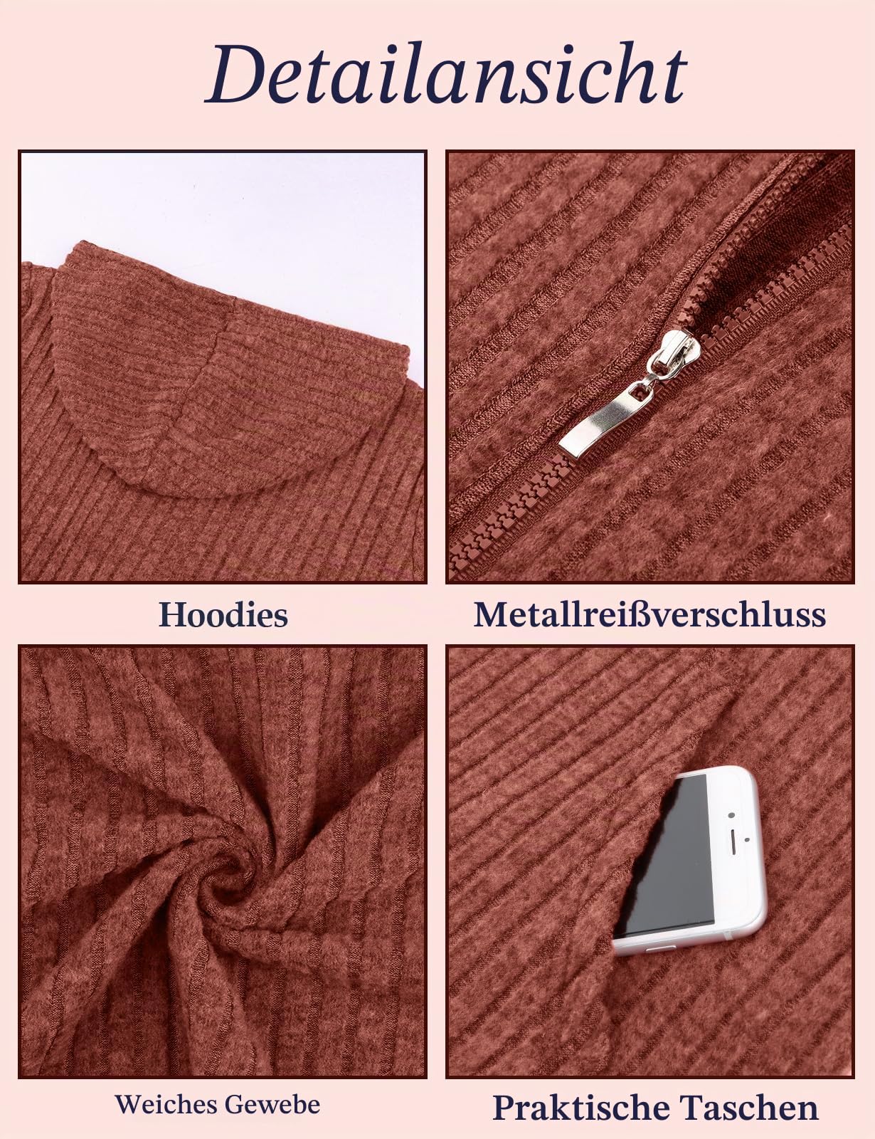 Flikity Zip Hoodie Damen Reißverschluss Sweatjacke mit Kapuze Dünne Jacke