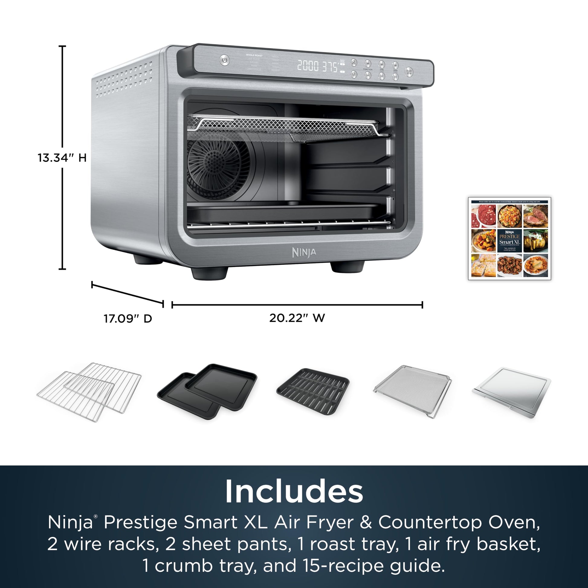 Ninja Prestige Smart XL 10 en 1 Air Fry Digital Encimera tostador de convección con freír al aire, asar al aire, asar, hornear, asar entero, pizza, tostar, bagel, y recalentar, 1800 vatios, acero