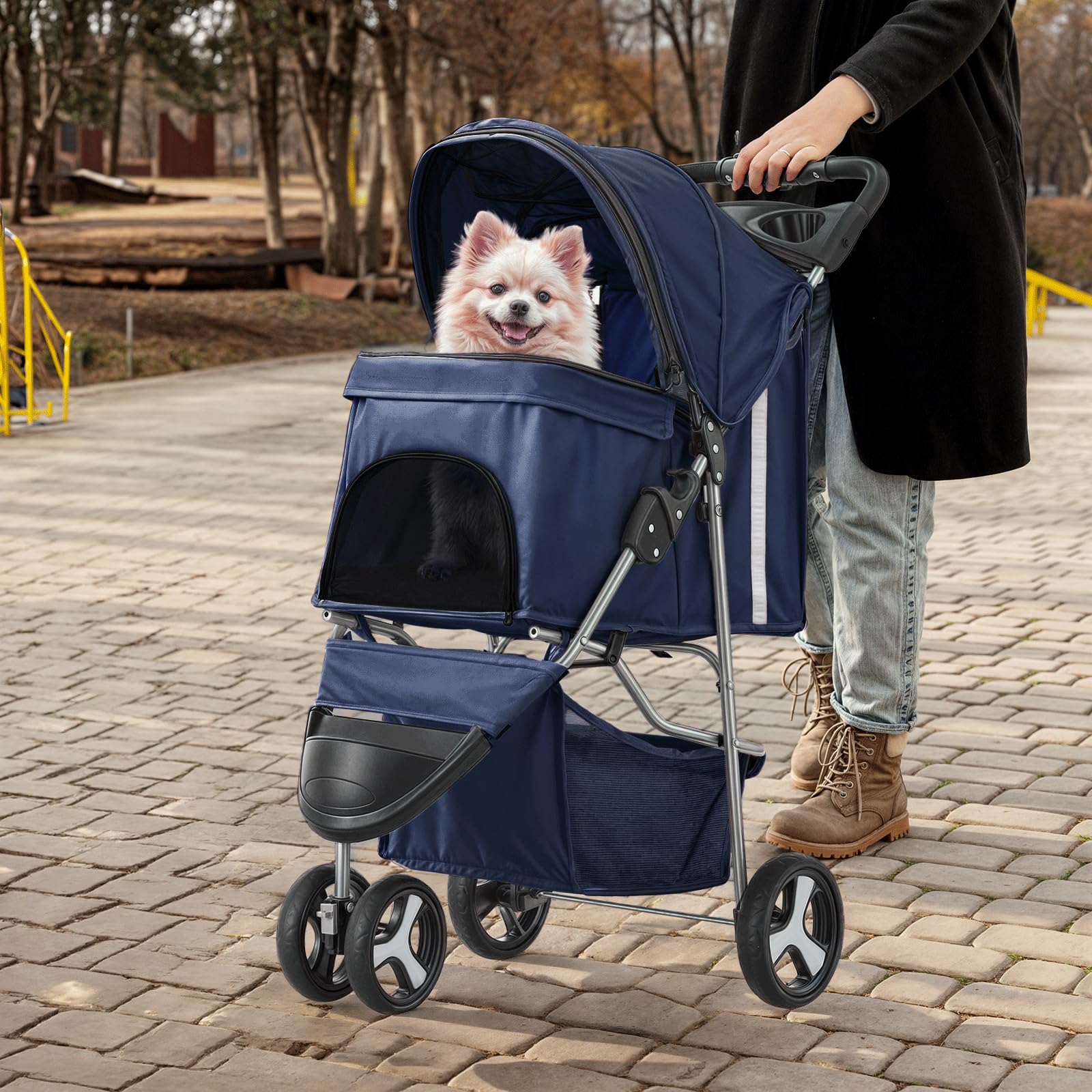 MoNiBloom 3 Wheels Pet Stroller, Foldable Dog Cat Cage Jogger Stroller with Weather Cover for All-Season, Storage Basket and Cup Holder, Breathable and Visible Mesh for Small/Medium Pets, Blue