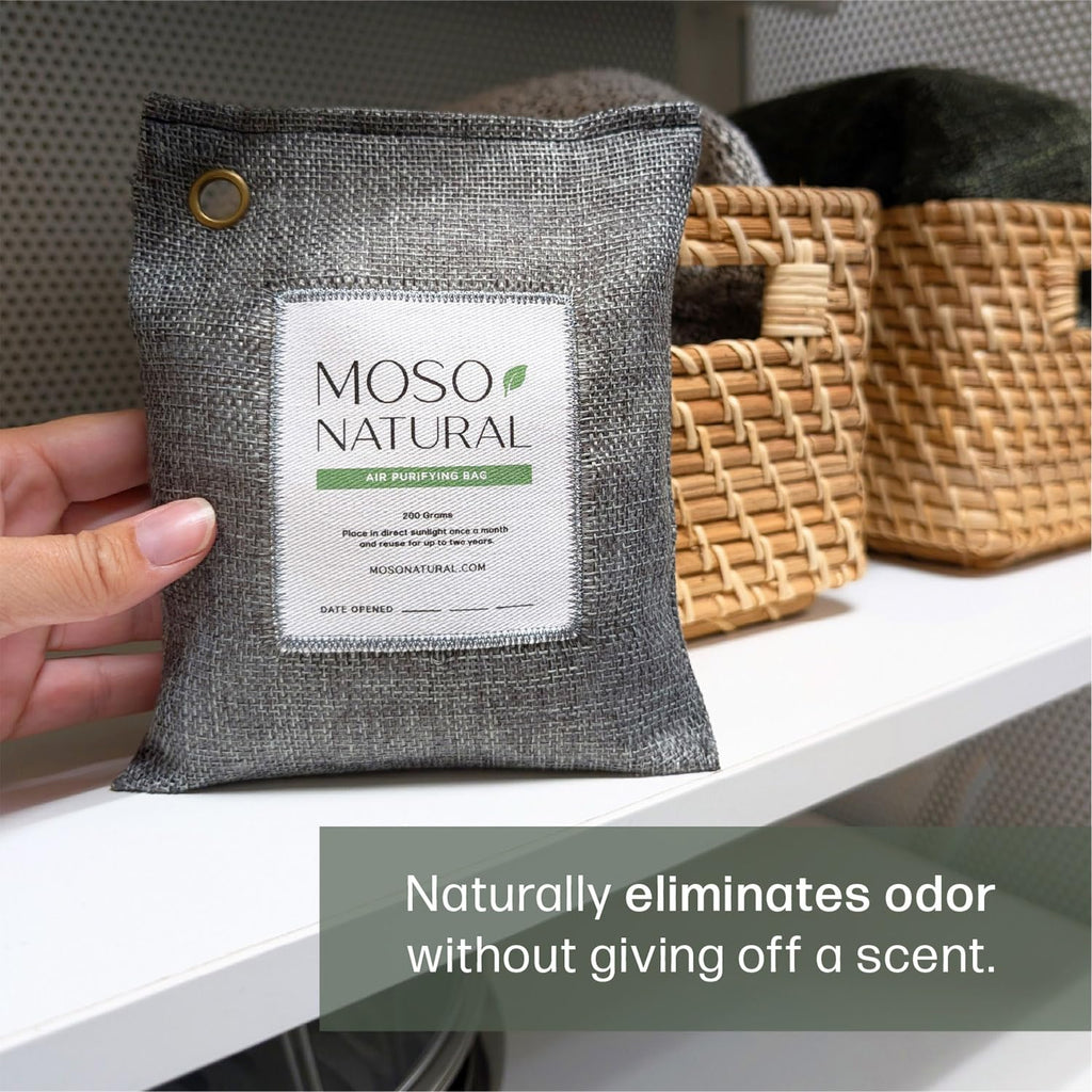 Moso Natural Hava Temizleme Torbası 200 g (4 Paket) Arabalar, Dolaplar, Banyo, Evcil Hayvan Alanları için Kokusuz Koku Giderici. Premium Moso Bambu Kömür Koku Emici (Kömür Grisi)