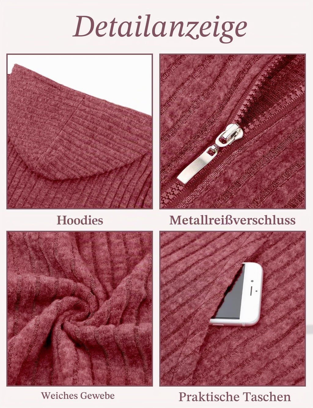 Flikity Zip Hoodie Damen Reißverschluss Sweatjacke mit Kapuze Dünne Jacke