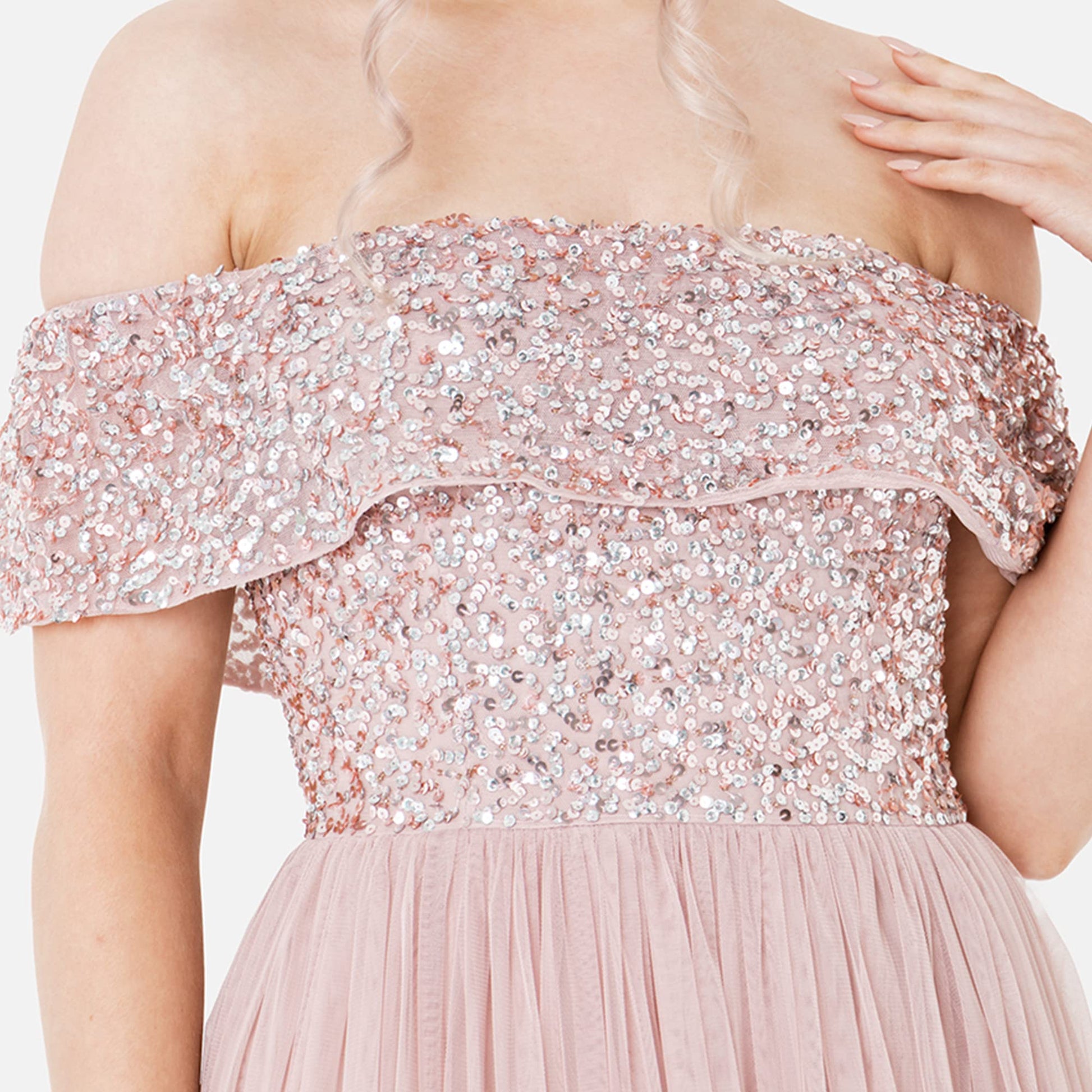 Maya Deluxe Maya Frosted Pink Bardot Embellished Maxi Dress Vestido de Dama de Honor, 10 para Mujer