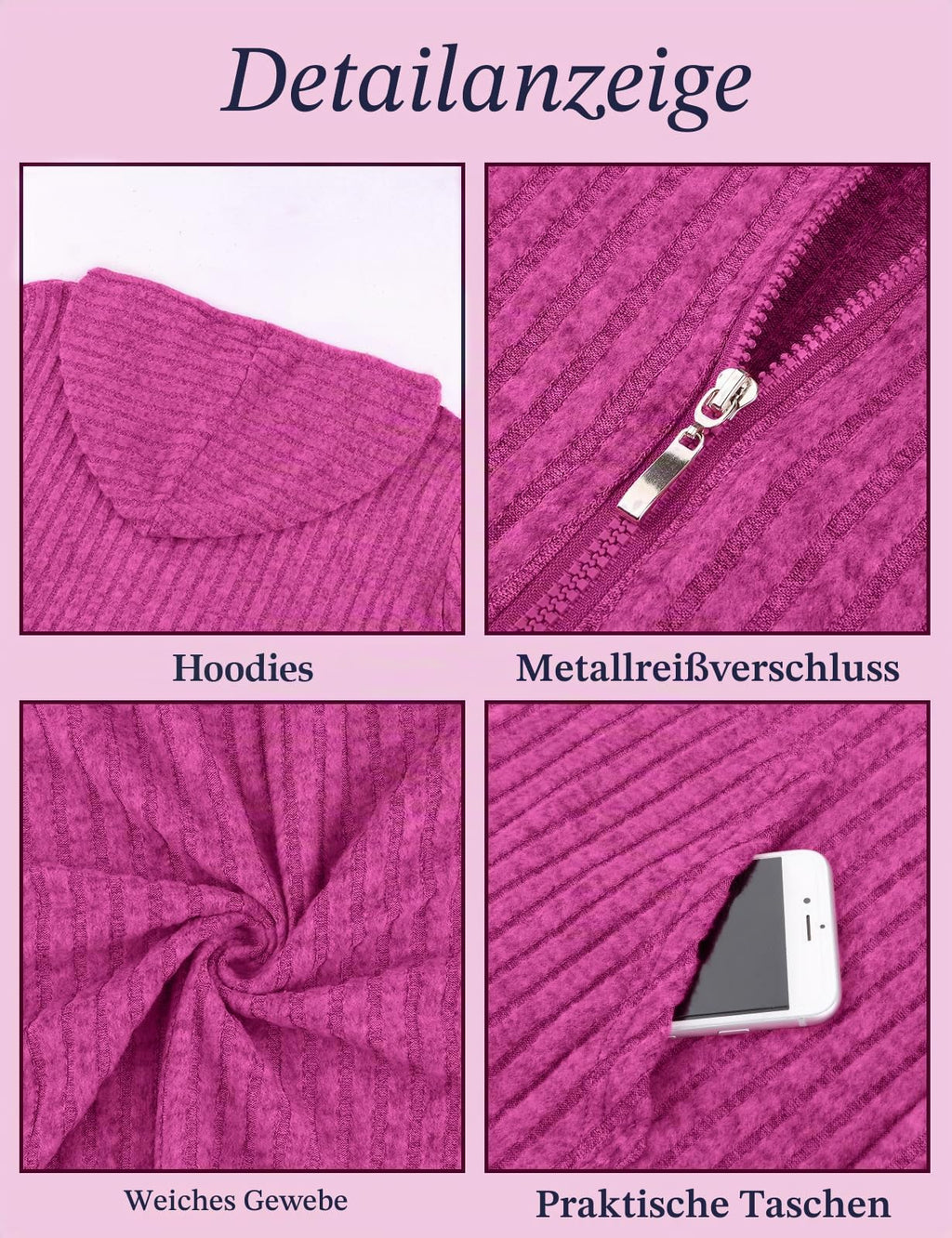 Flikity Zip Hoodie Damen Reißverschluss Sweatjacke mit Kapuze Dünne Jacke