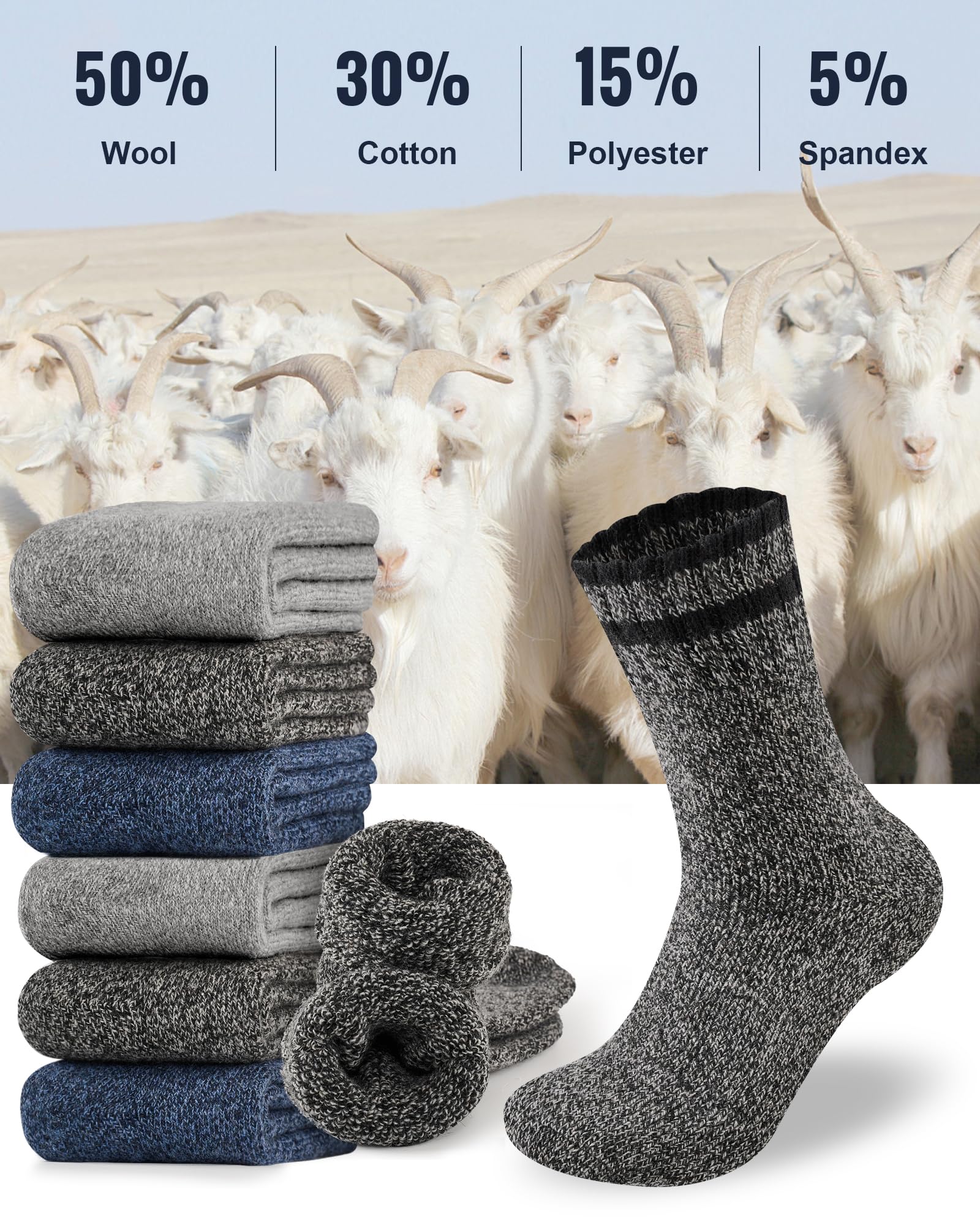 Niorasen Wool Socks for Men, Thick Warm Thermal Socks, Full Terry, 3 pairs