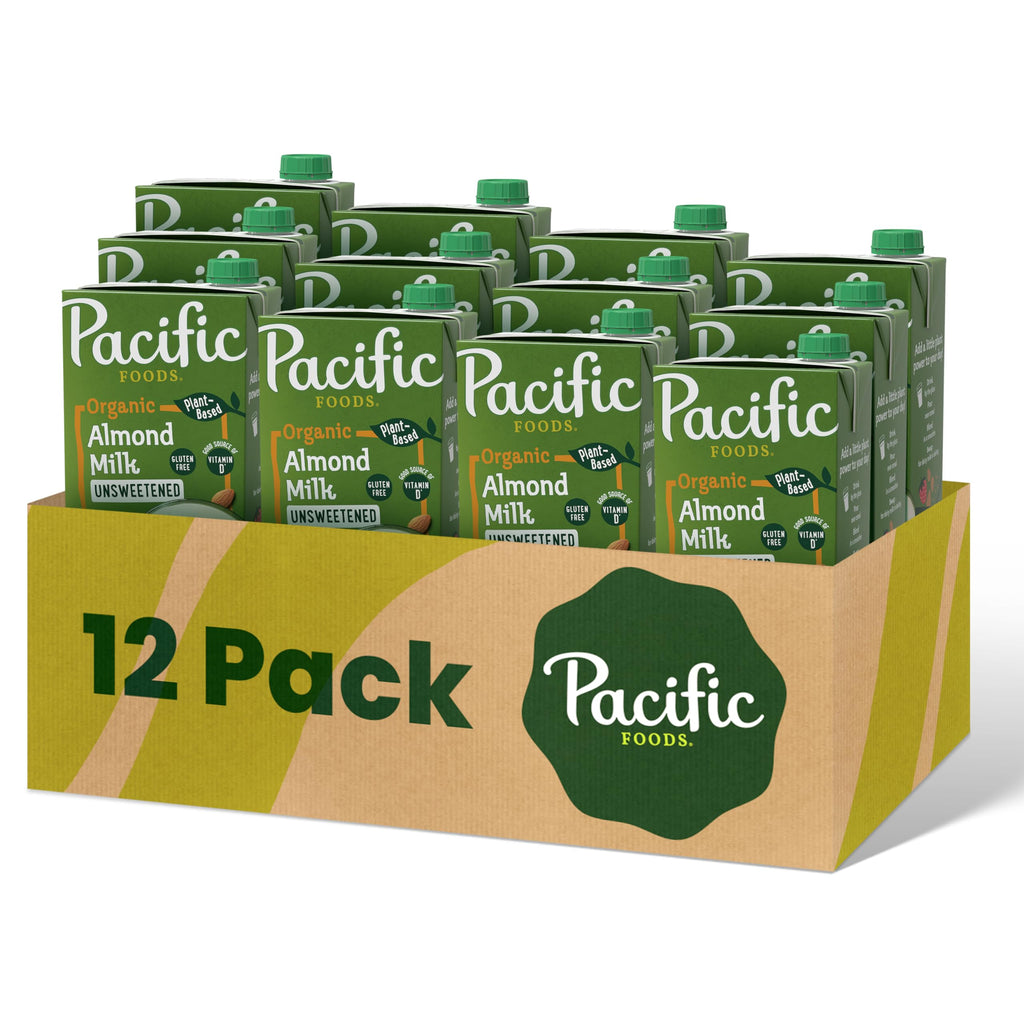 Pacific Foods Organic Unsweetened Almond Milk, Plant Based Milk, 32 oz Carton (12 Pack)