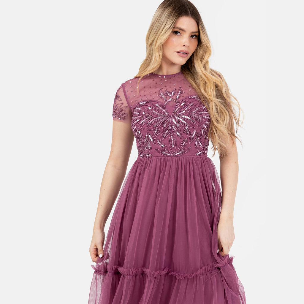 Maya Deluxe Women's Midi Dress Ladies Round Neck Sheer Short Sleeves Sequin Embellished Tulle Ruffle A-Line Wedding Guest Occasion, Rose, 56