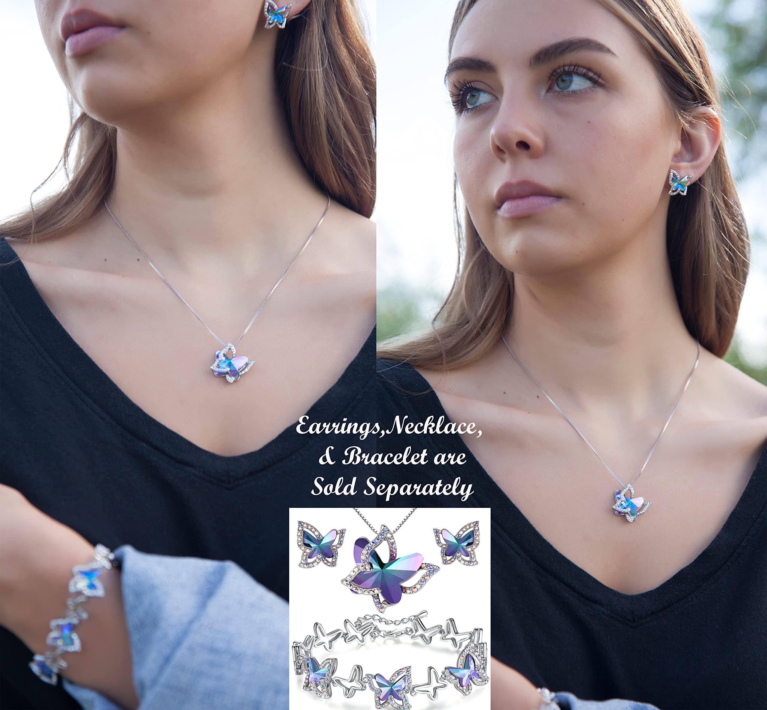 GEMMANCE Gift Butterfly Crystal Necklace with Rainbow Fluorite Purple Healing Stone for Calming Mind, Silver, Tone, 18”+2” Chain
