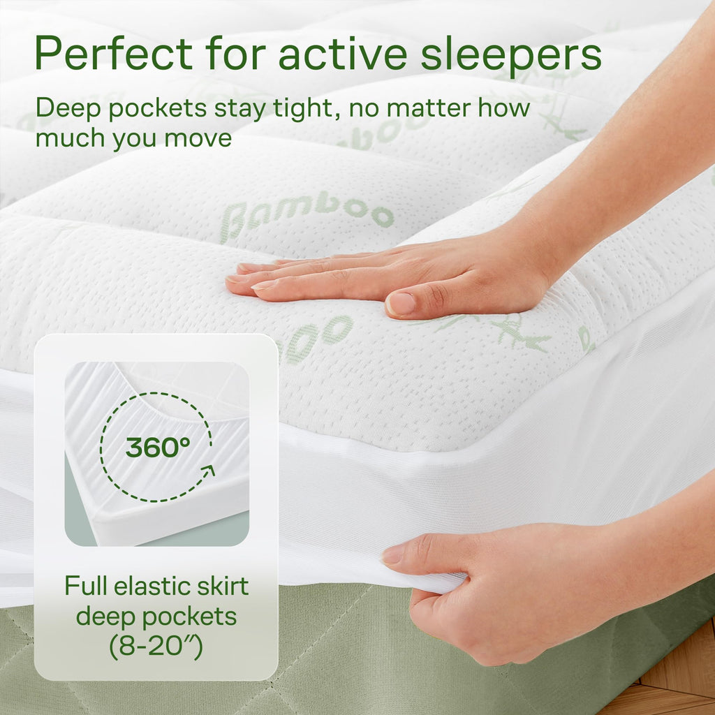 Bamboo Mattress Topper Queen Size - Thick Breathable Pillow Top Mattress Pad for Back Pain Relief - Deep Pocket Topper Fits 8-20 Inches (60x80 Inches, Green)