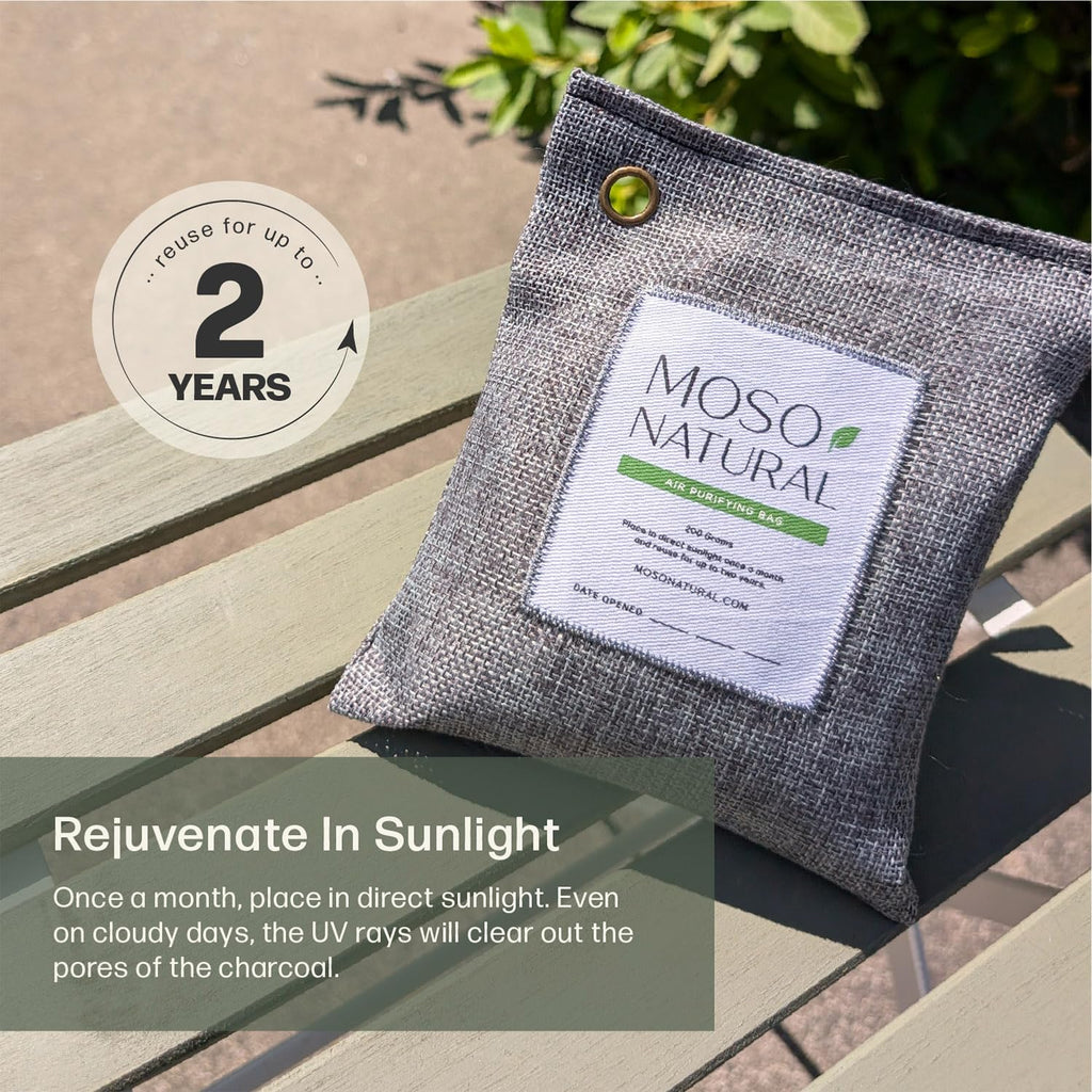 Moso Natural Hava Temizleme Torbası 200 g (4 Paket) Arabalar, Dolaplar, Banyo, Evcil Hayvan Alanları için Kokusuz Koku Giderici. Premium Moso Bambu Kömür Koku Emici (Kömür Grisi)
