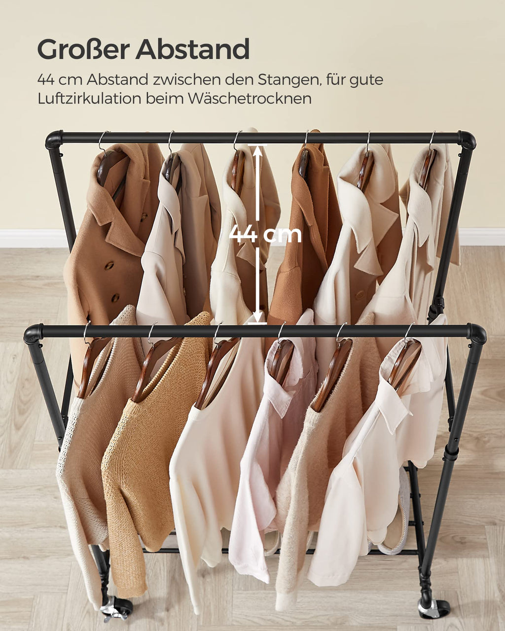SONGMICS elbise askısı, elbise askısı, 2 elbise askısı ve raflı elbise askısı, tekerlekler, 110 kg'a kadar yük kapasitesi, endüstriyel tasarım, yatak odası, giyinme odası için, siyah HSR60B