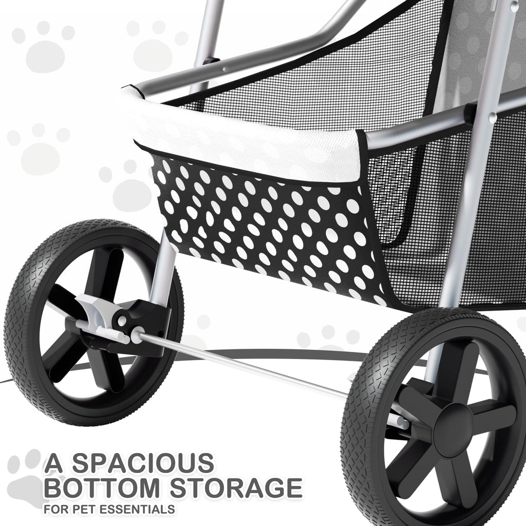 MoNiBloom 3 Wheels Pet Dog Cat Stroller for Small Medium Dogs Cats, Foldable Jogger Stroller w/Storage Basket and Cup Holder, Black Polka Dots