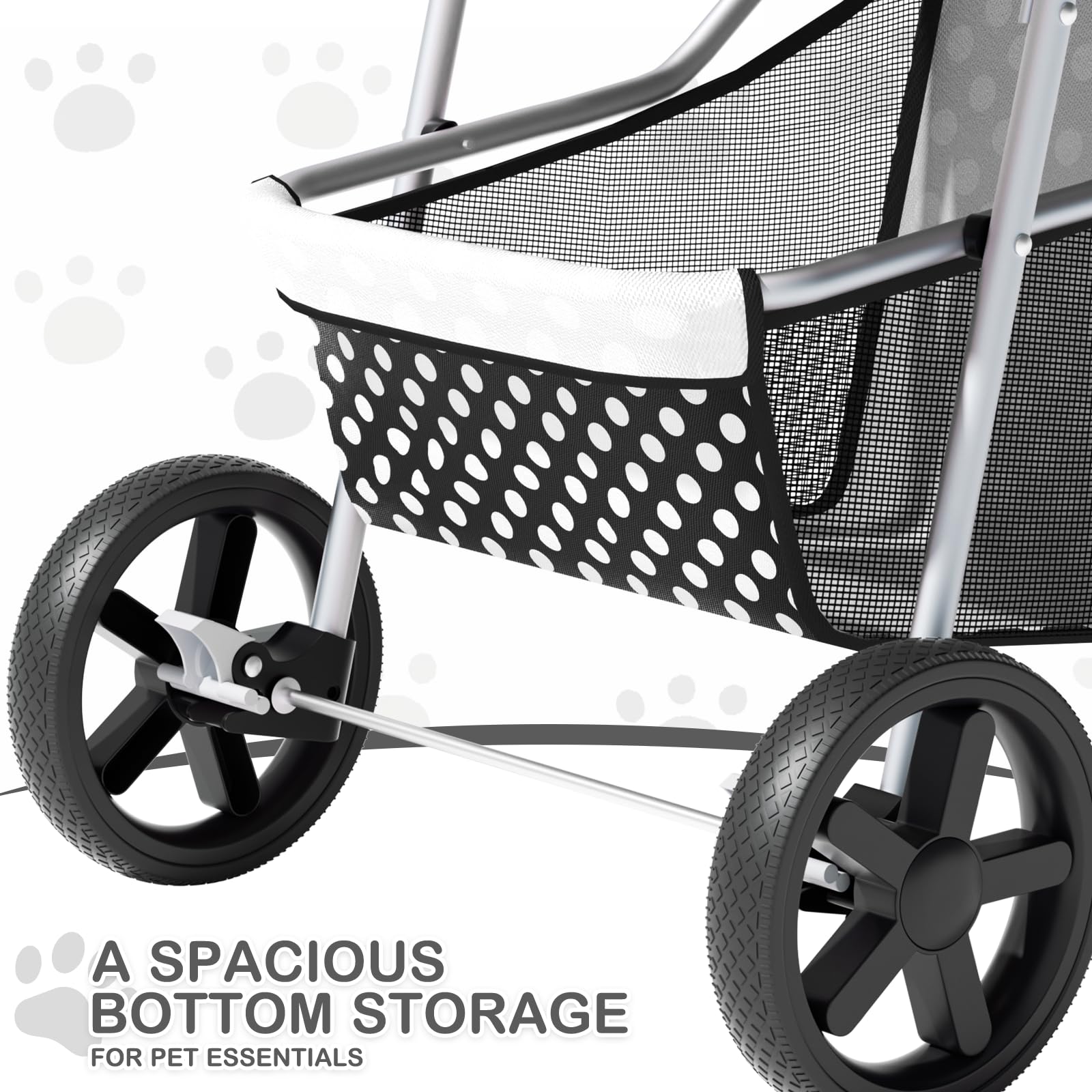 MoNiBloom 3 Wheels Pet Dog Cat Stroller for Small Medium Dogs Cats, Foldable Jogger Stroller w/Storage Basket and Cup Holder, Black Polka Dots