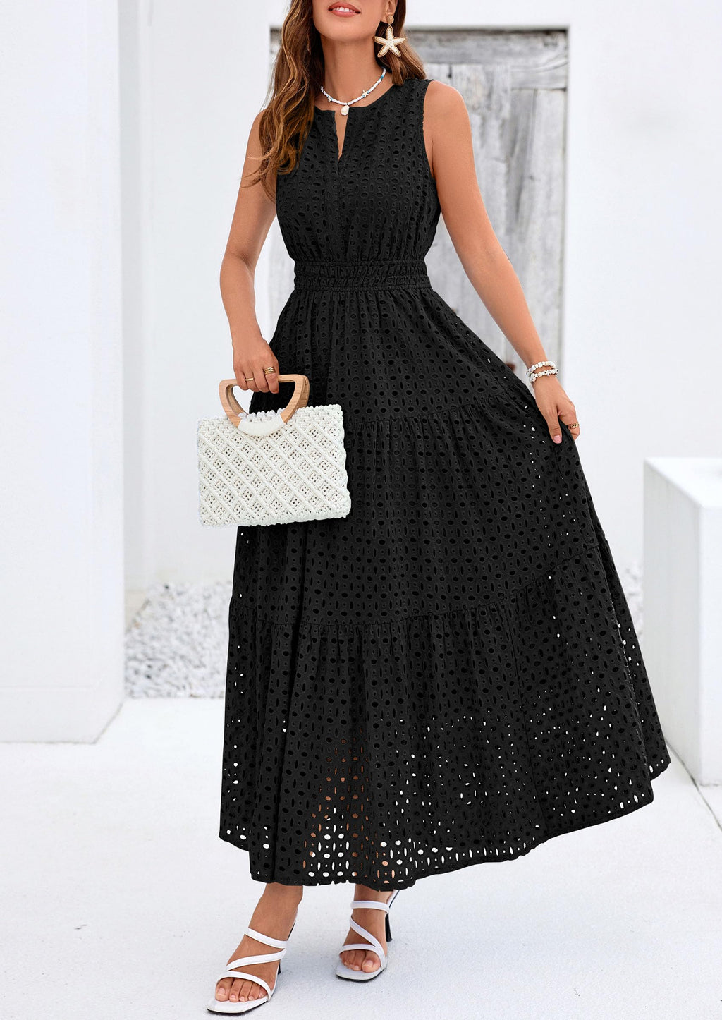 PRETTYGARDEN Womens 2026 Summer Maxi Dresses Sleeveless Sundresses V Neck Eyelet A Line Long Flowy Spring Wedding Guest Dress (Black,Large)
