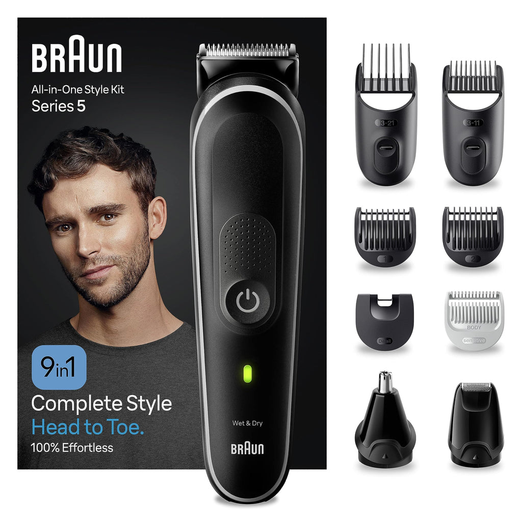 Braun Multi-Groomer Series 5 MGK5420 Men's 9-in-1 Moustache Hair Ear Nose Care Boch Waterproof Design Rechargeable 100 Minutes of Operation on One Charge