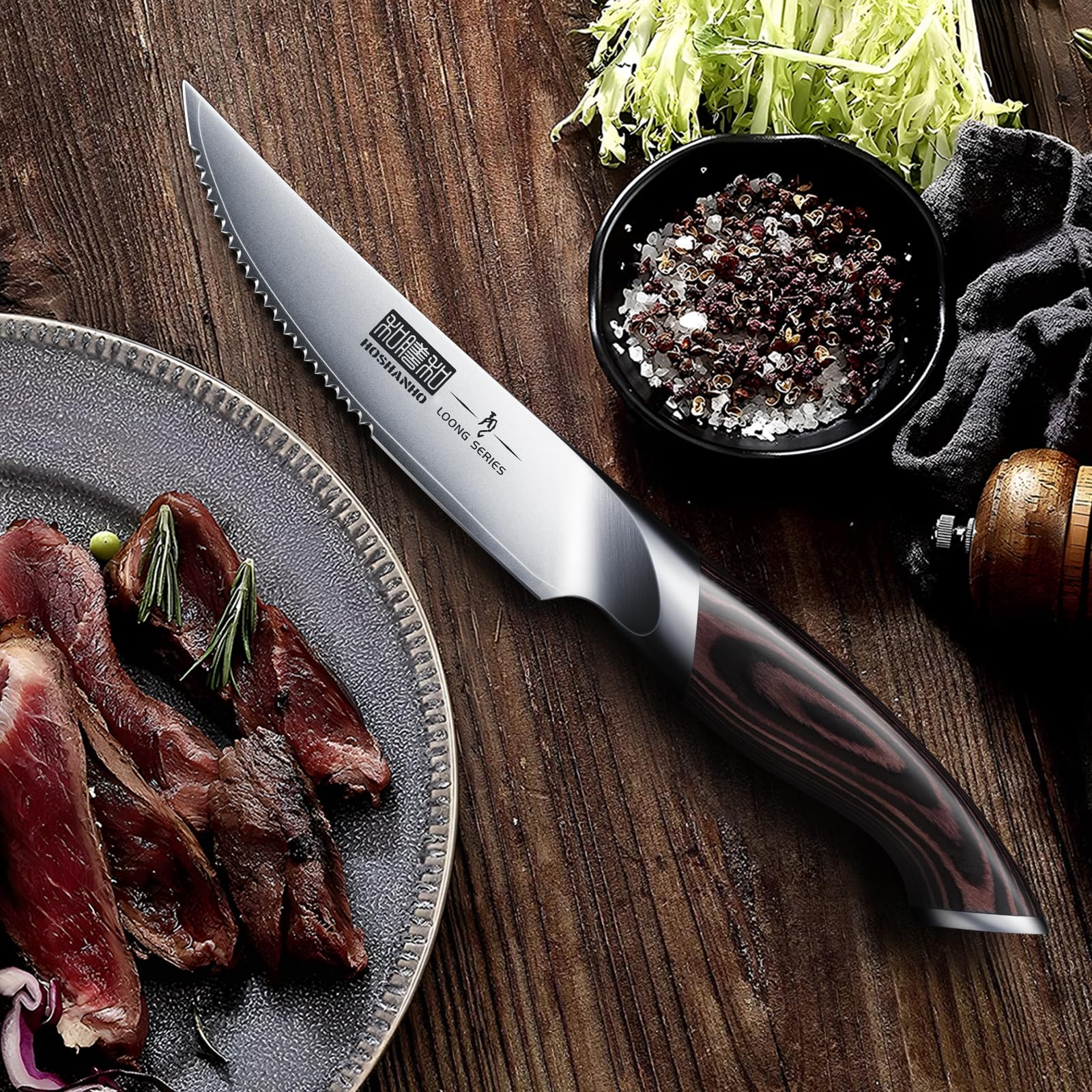 HOSHANHO Juego Cuchillo de Carne 6 Piezas, Ultra Afilados de 11.5 CM, Cuchillos de Mesa Serrados, Cuchillos de Bistec Japoneses de Acero de alto Carbono con Mango Ergonómico