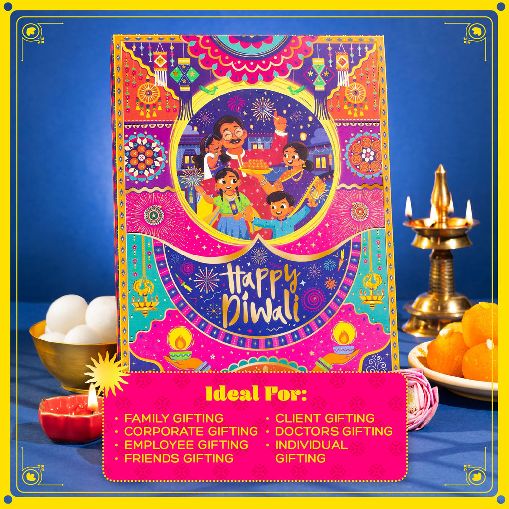 Phool 10 item Shubh Diwali Popup with Lantern Giftbox - Diwali gift hamper with dry fruit ladoo, bombay bhel chikki, diya, candles and more. Gift for Family & Corporate Gifting 2026