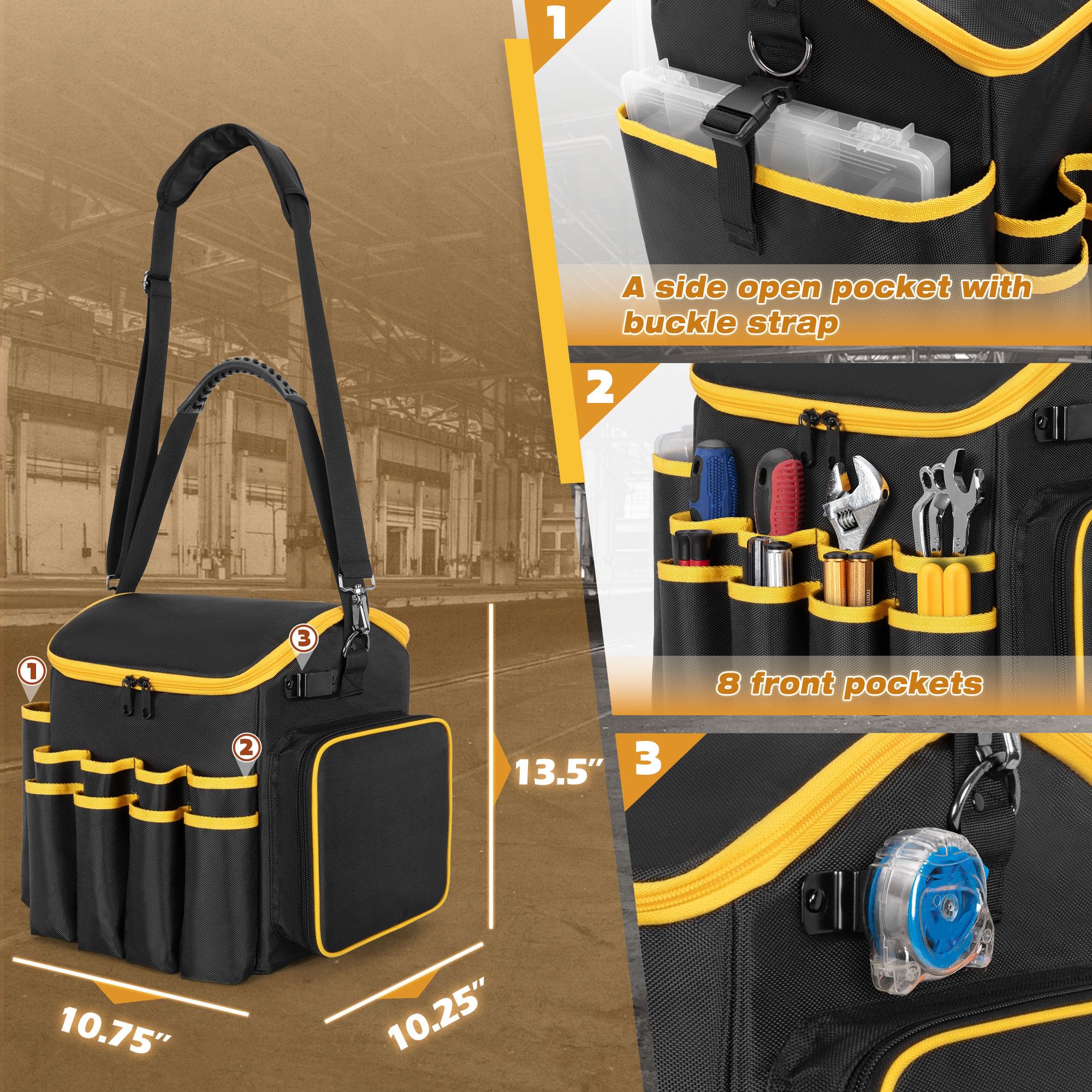 Marscamd Tool Bag with a Detachable Divider, Tool Tote with Multiple Pockets, Black