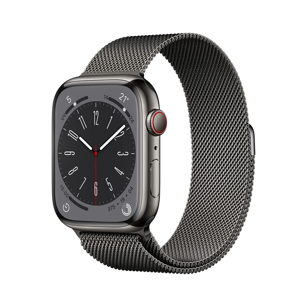 Apple Watch Series 8 (GPS + Cellular, 45mm) Smartwatch con cassa in acciaio inossidabile color grafite con Loop in maglia milanese color grafite. Fitness tracker, app Livelli O₂, resistente all’acqua