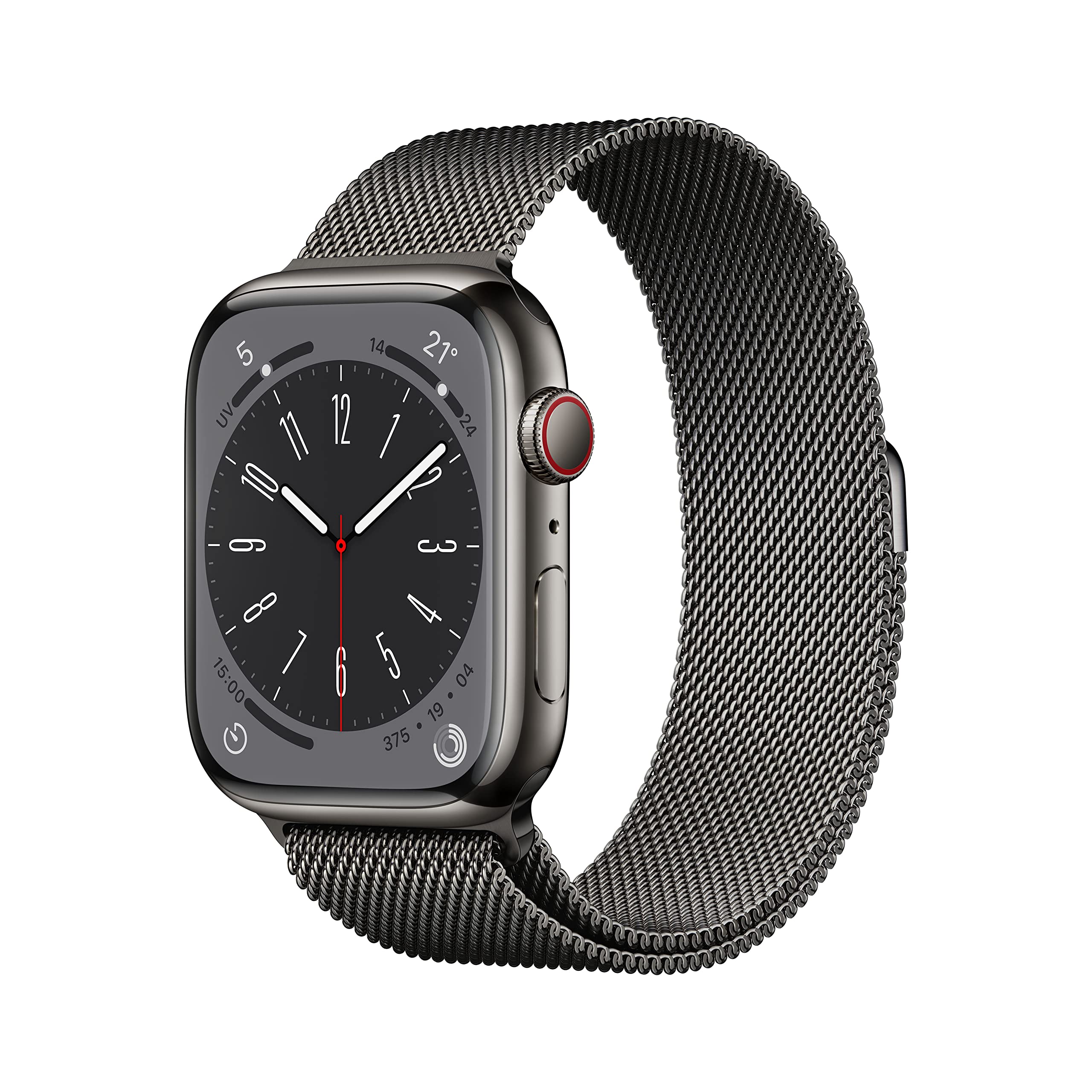 Apple Watch Series 8 (GPS + Cellular, 45mm) Smartwatch con cassa in acciaio inossidabile color grafite con Loop in maglia milanese color grafite. Fitness tracker, app Livelli O₂, resistente all’acqua