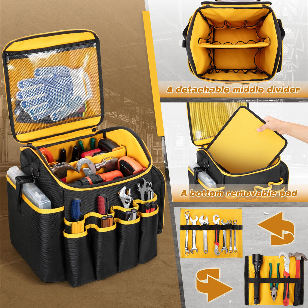 Marscamd Tool Bag with a Detachable Divider, Tool Tote with Multiple Pockets, Black