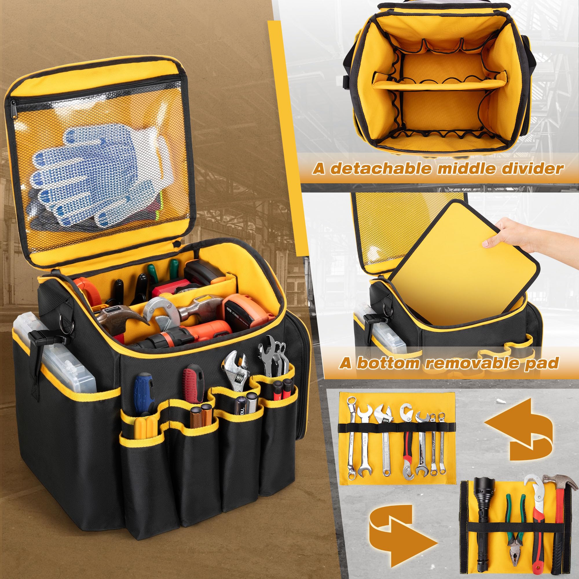 Marscamd Tool Bag with a Detachable Divider, Tool Tote with Multiple Pockets, Black